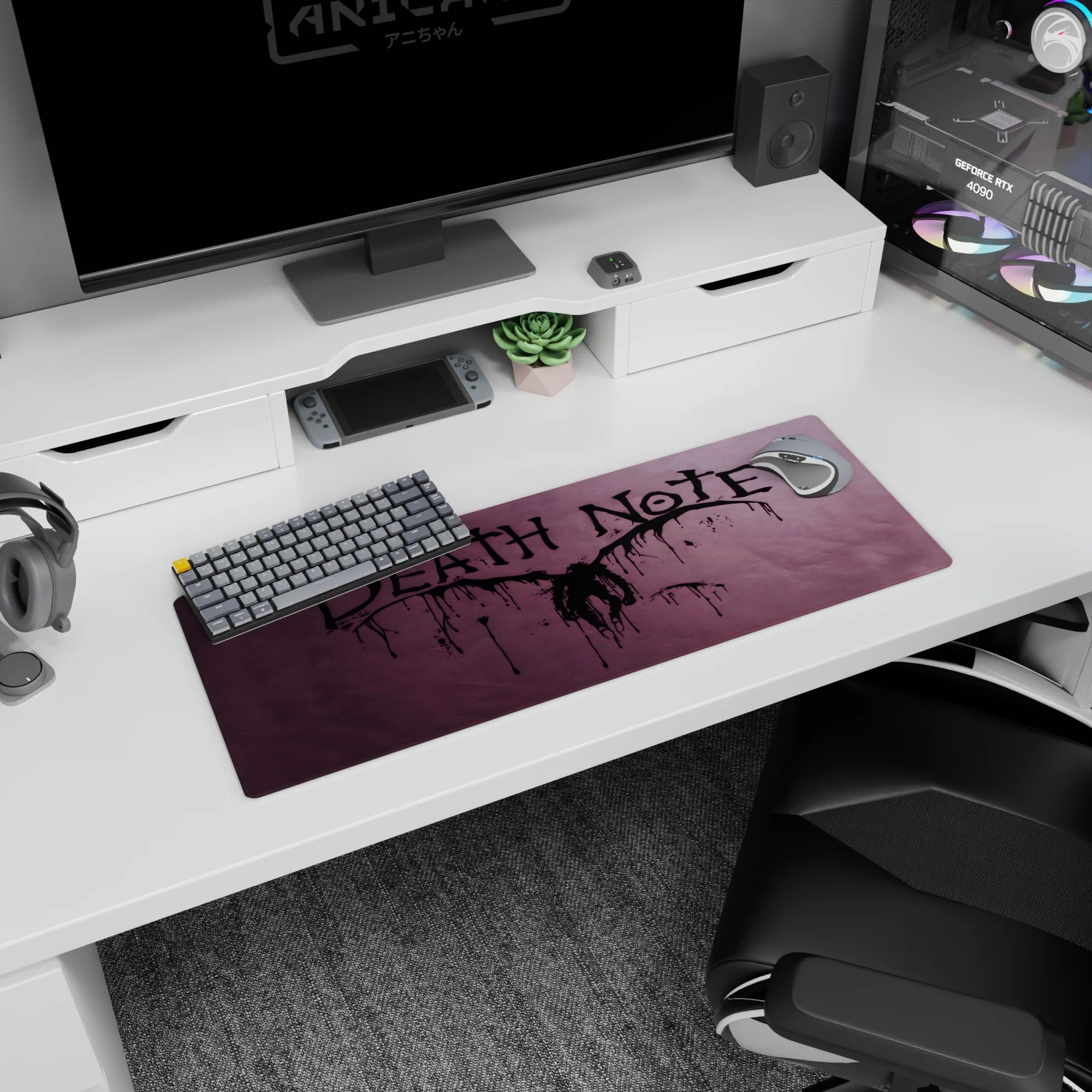 Winged shadow figure center scene on Death Note anime mouse pad 32x12 inches with outward splatter lines.