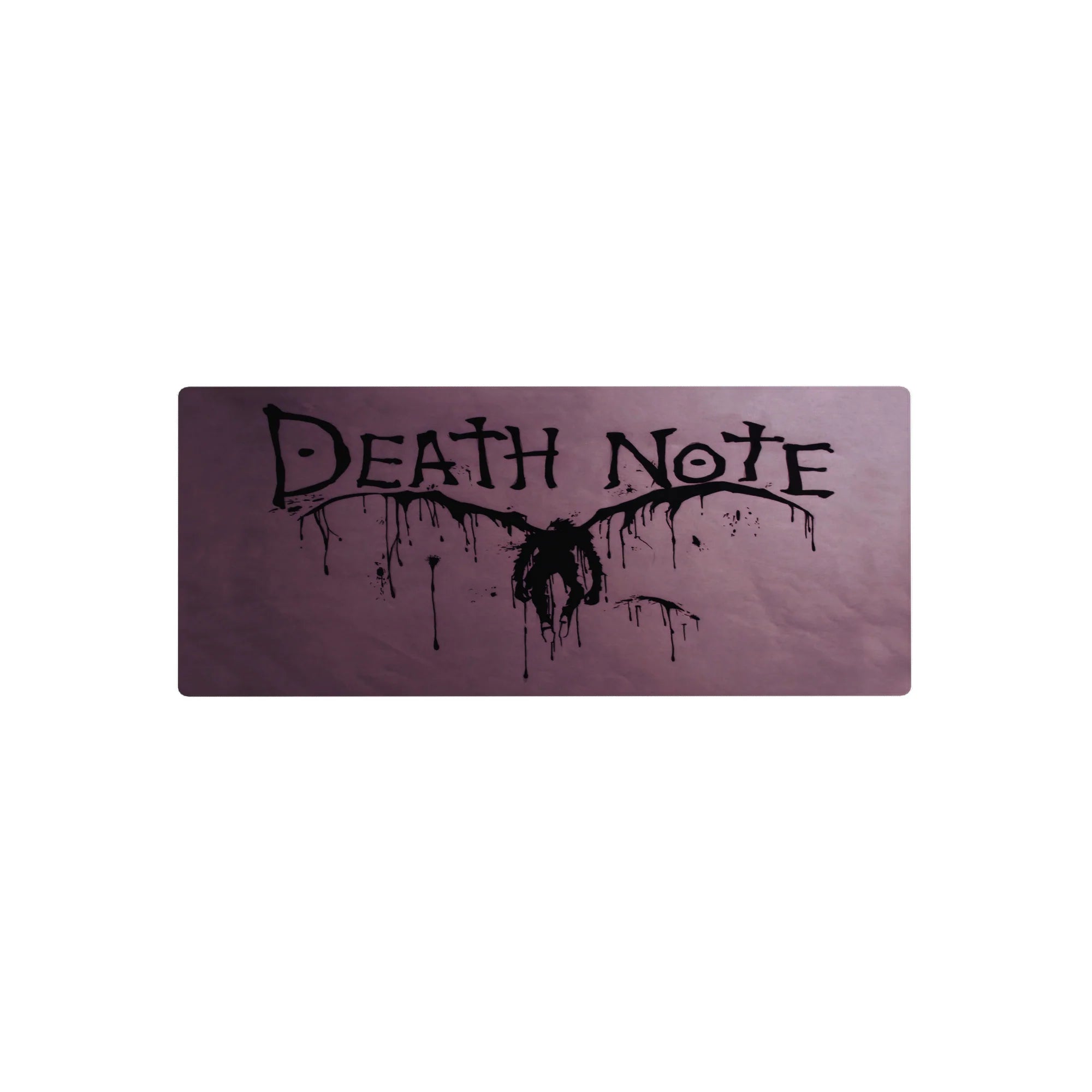 Death Note anime mouse pad 28x12 inches with jagged ink logo, purple haze, and winged silhouette splatter.
