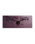 Death Note anime mouse pad 28x12 inches with jagged ink logo, purple haze, and winged silhouette splatter.