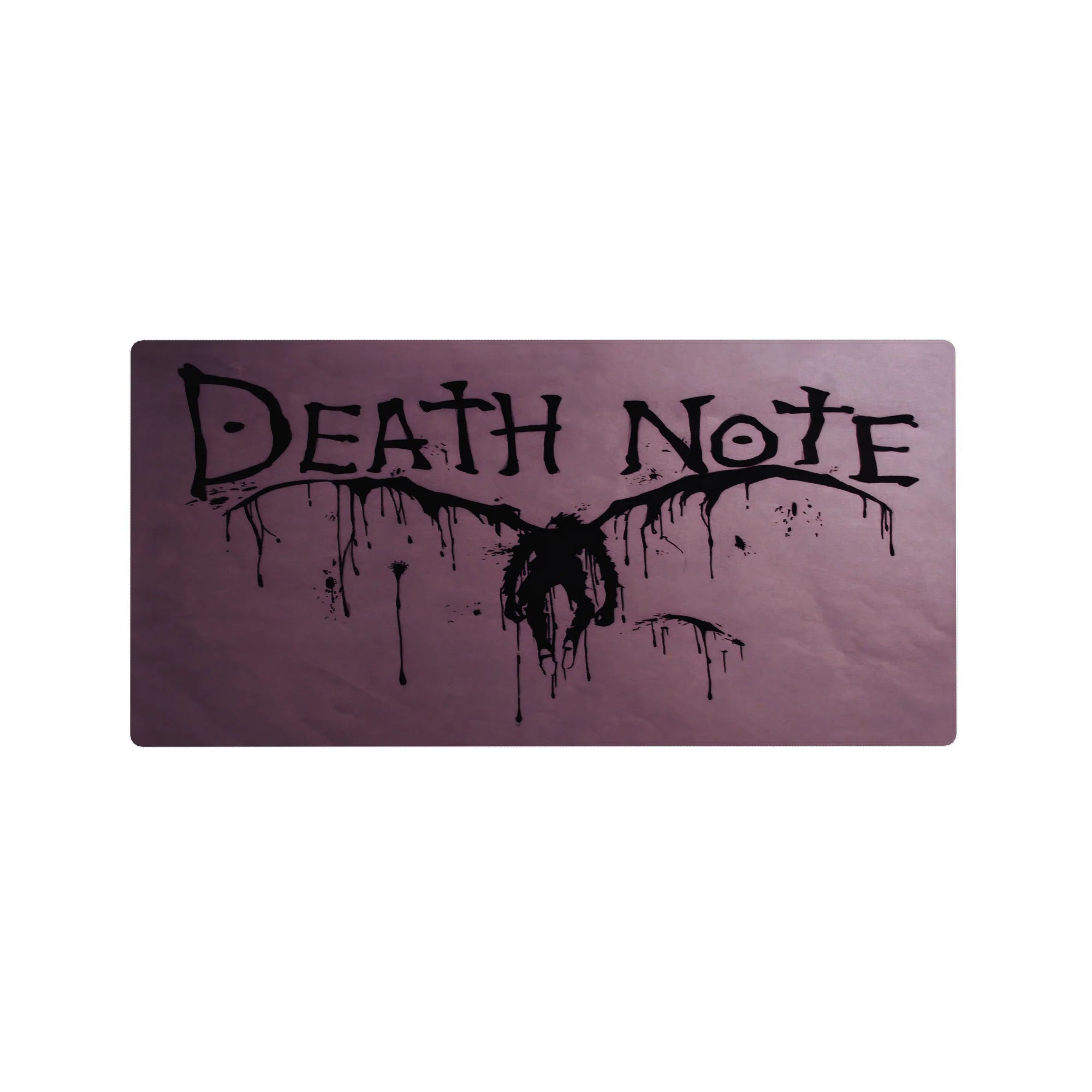 Death Note anime mouse pad 32x16 inches with jagged ink lettering and winged shadow figure on haze.