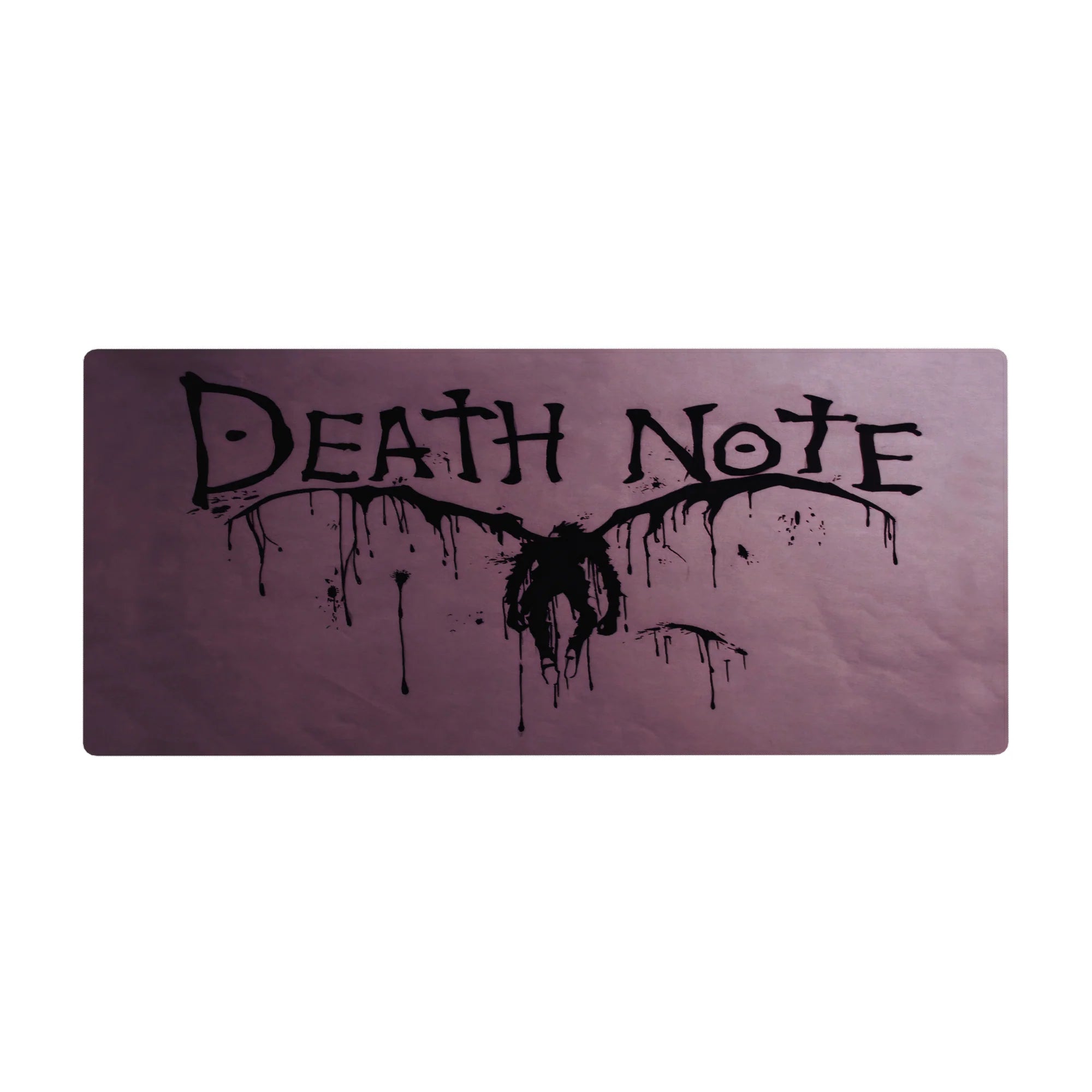Death Note anime desk pad 36x16 inches with jagged ink title and winged shadow figure on purple haze.
