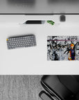 Classic anime mouse pad 14x10 inches in high-contrast navy, orange, and black-and-white, intense gym vibe.