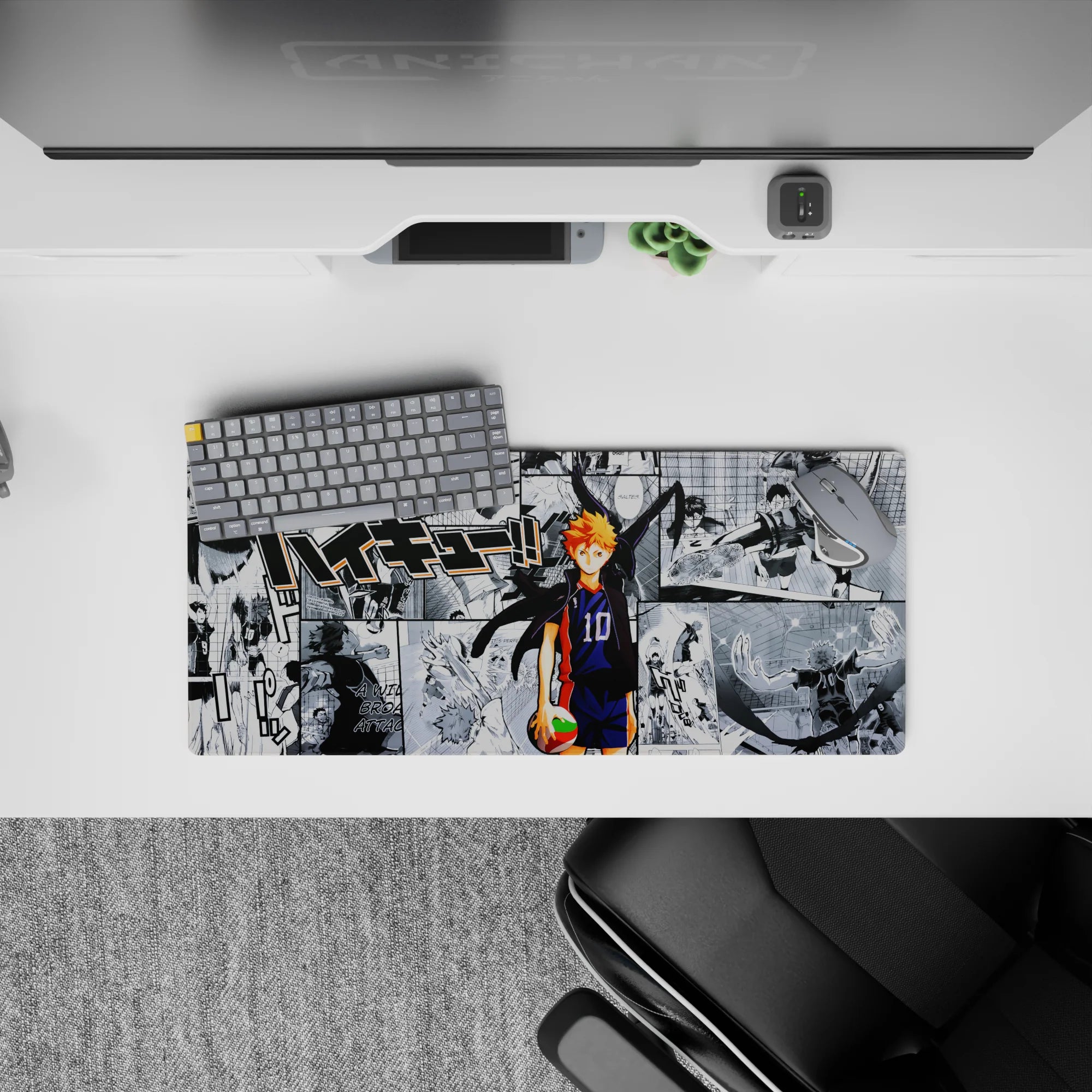 28x12 inches anime mouse pad with bold orange hair, navy jersey, sharp contrast, intense gym vibe.