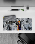 28x12 inches anime mouse pad with bold orange hair, navy jersey, sharp contrast, intense gym vibe.