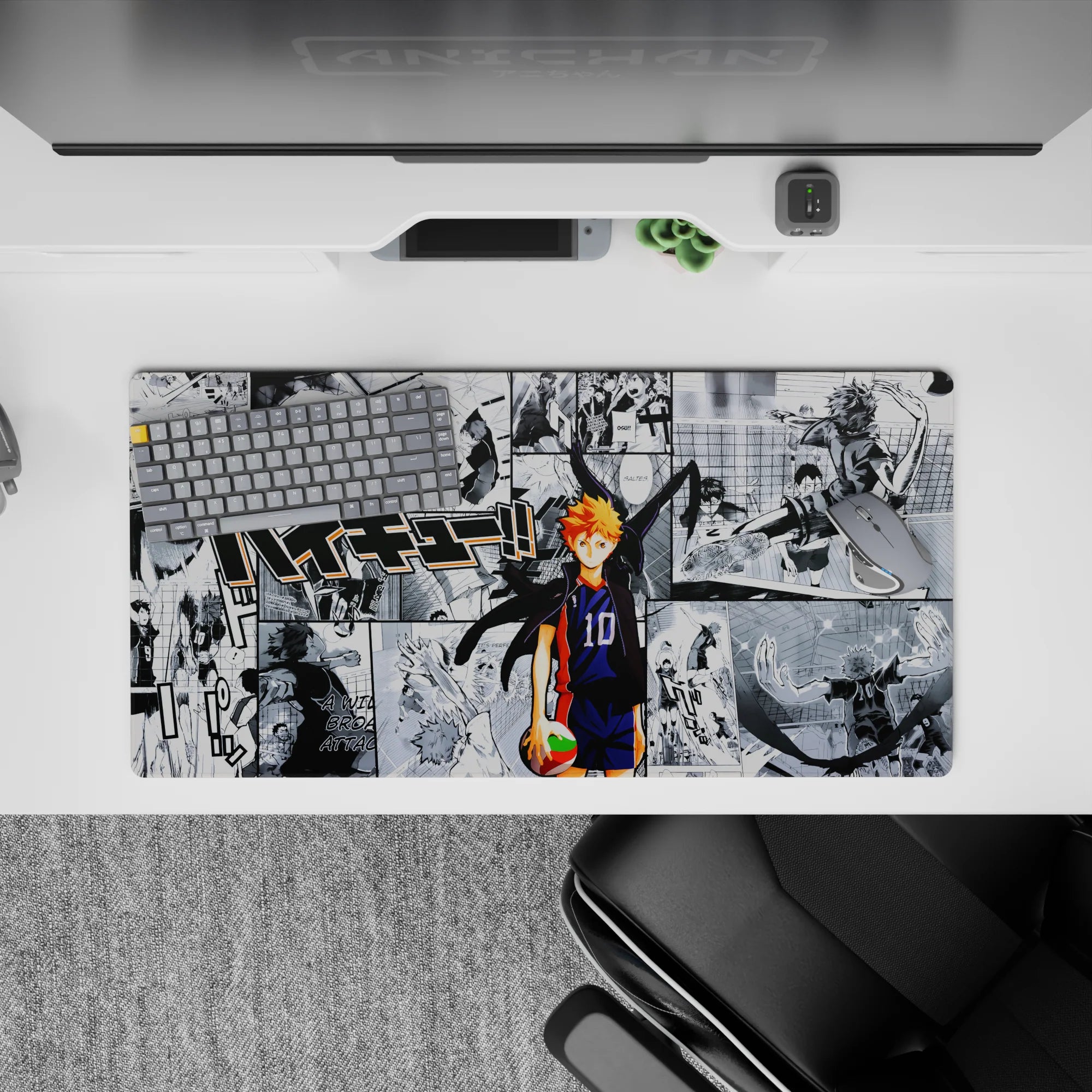 Black-and-white manga collage with blazing orange hair, high-contrast gym energy mouse pad 32x16 inches.