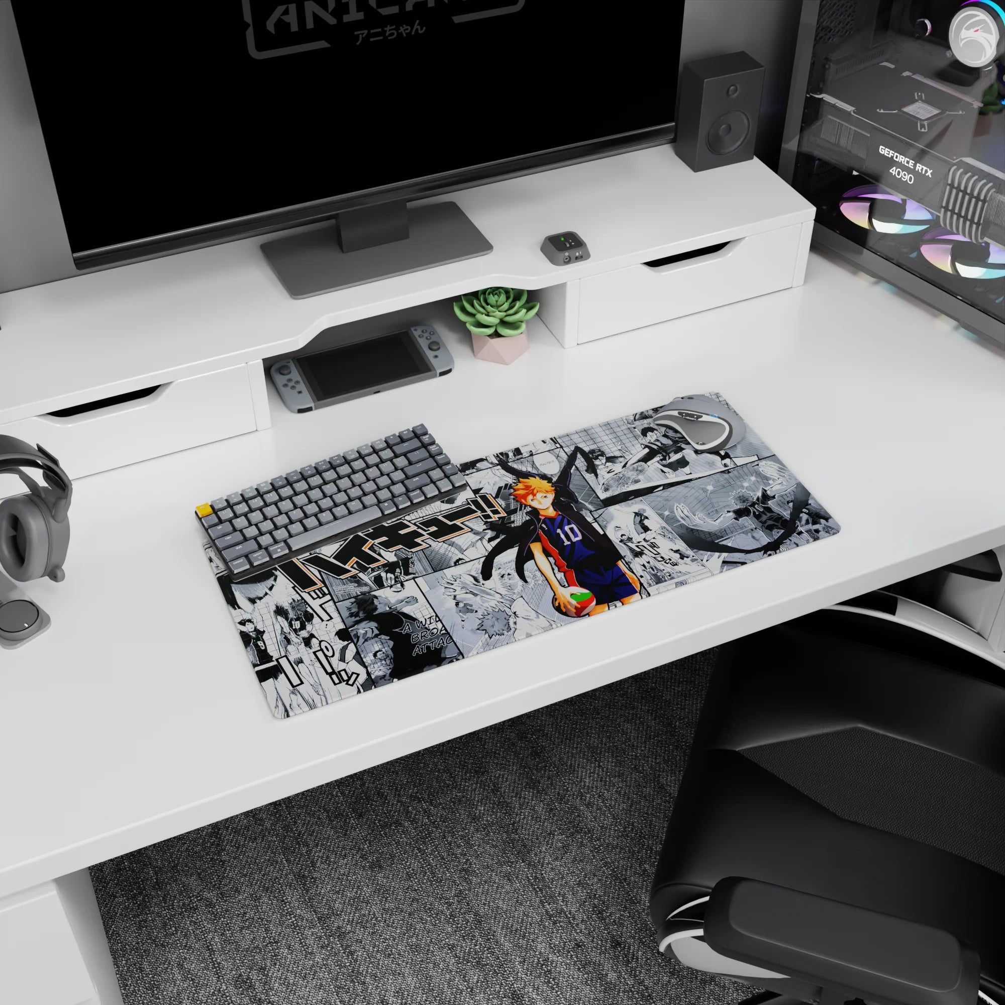 28x12 inches mouse pad featuring Hinata Shoyo front and center, manga spikes and roaring crowd panels.