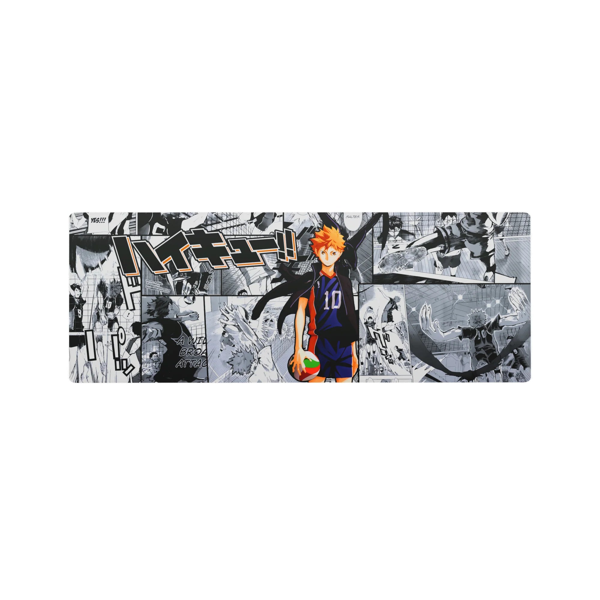 Haikyuu anime mouse pad 32x12 inches with Hinata over manga collage of spikes, dives, and crowd panels.