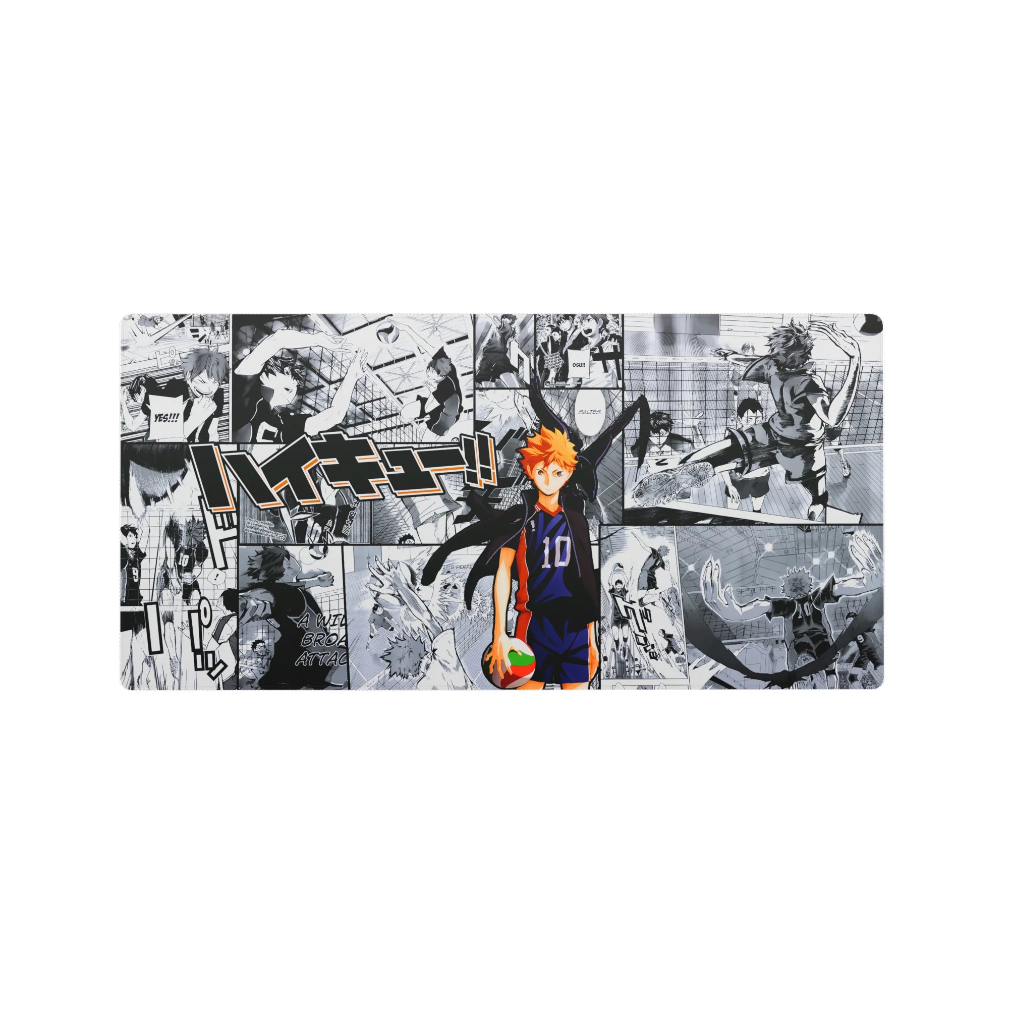 Haikyuu anime mouse pad 32x16 inches with Hinata over manga collage of spikes, dives, and crowds.