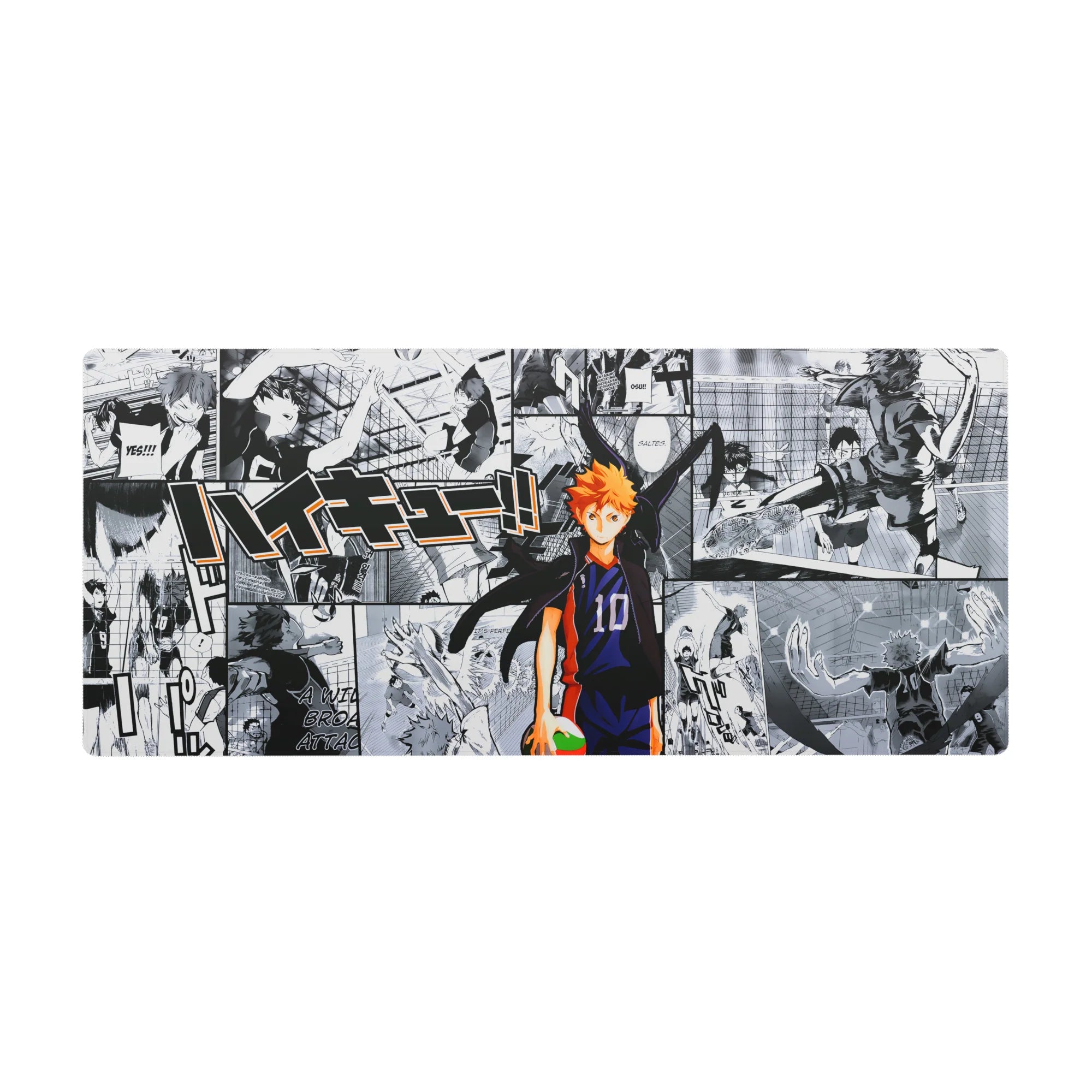 Haikyuu anime desk pad 36x16 inches with manga collage, bold panel lines, spikes, dives, and crowds.