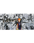 Haikyuu anime desk pad 36x16 inches with manga collage, bold panel lines, spikes, dives, and crowds.