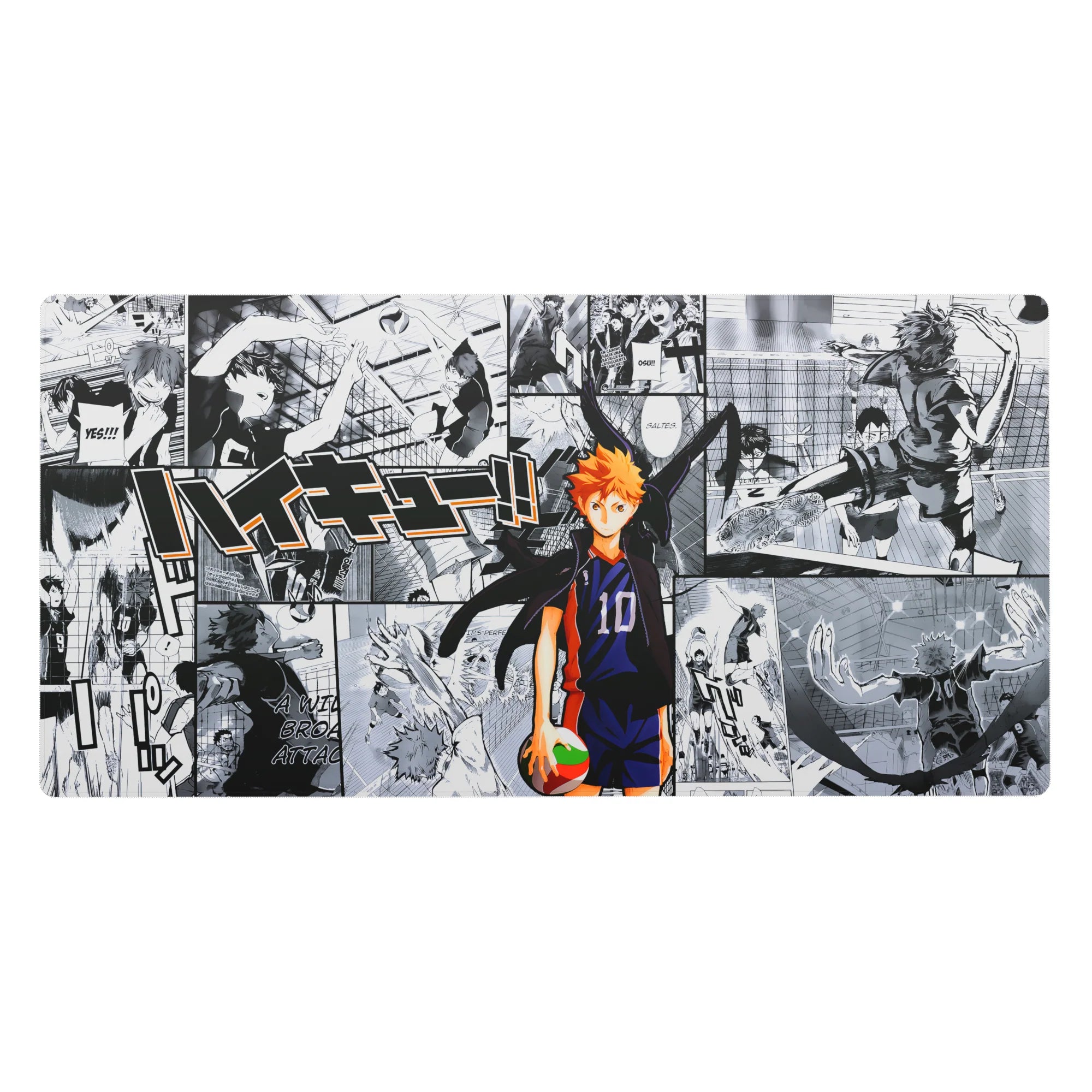 Haikyuu anime desk pad 40x20 inches with Hinata over black-and-white manga volleyball collage.