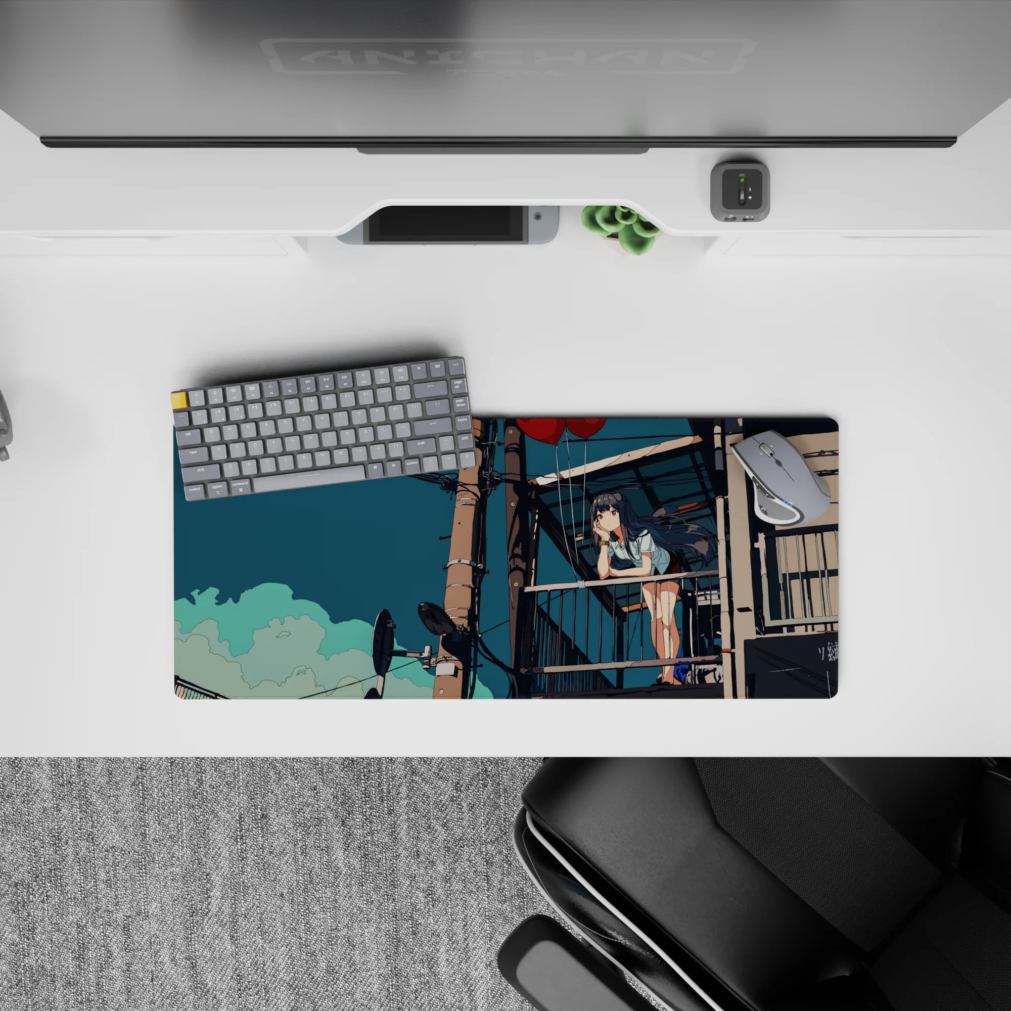 Calm teal-sky anime girl mouse pad 28x12 inches, warm browns and soft clouds, dreamy vibe.