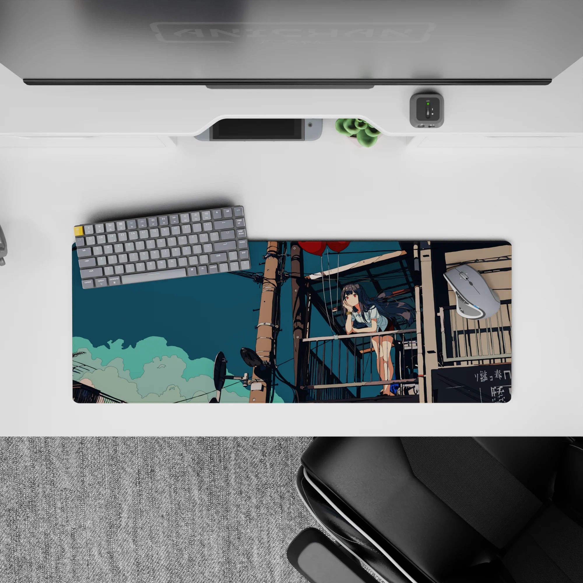 Teal sky, soft clouds, and warm brown tones anime girl mouse pad 32x12 inches calm vibe.