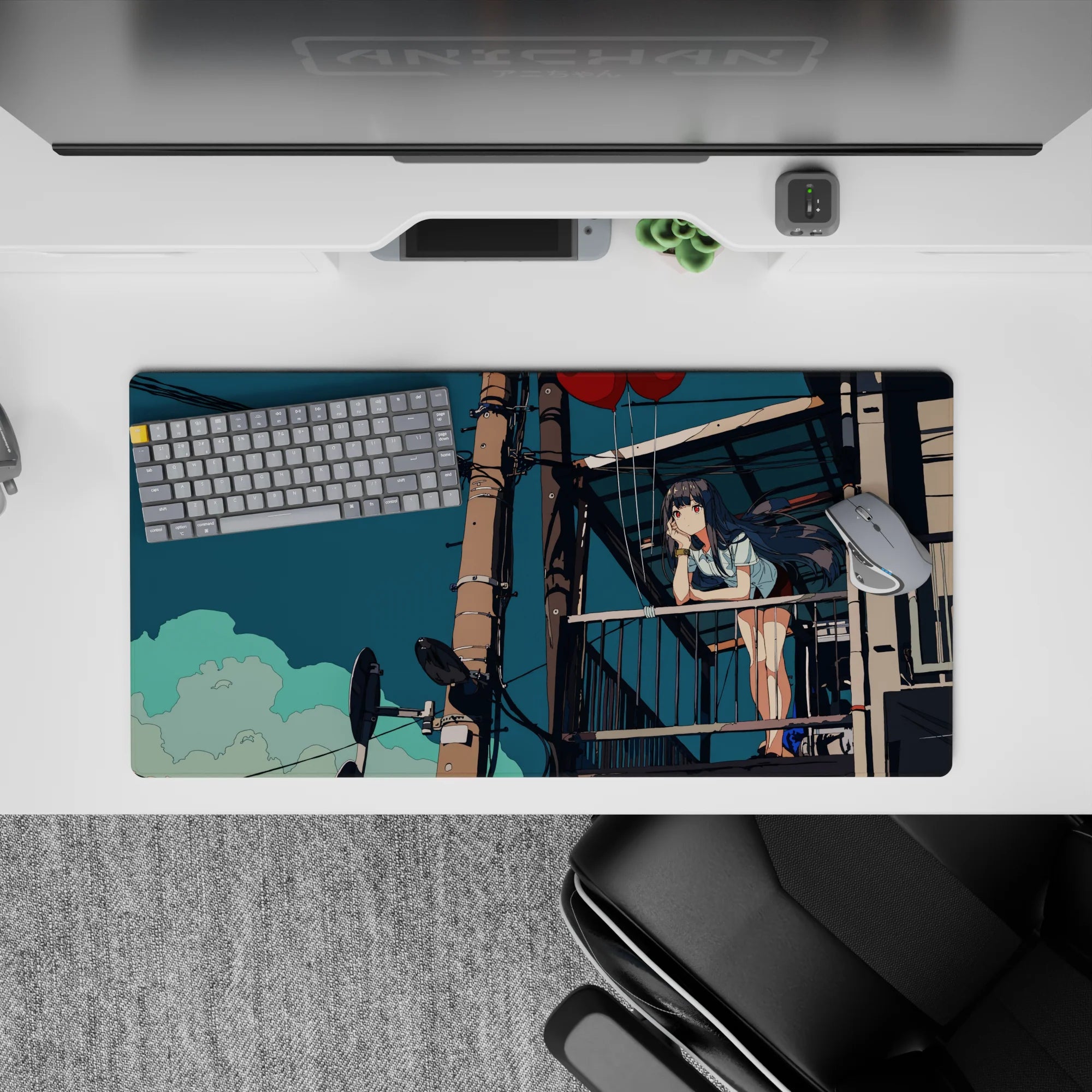 32x16 inches anime girl mouse pad in deep teal and warm browns, calm daydream mood with soft clouds.