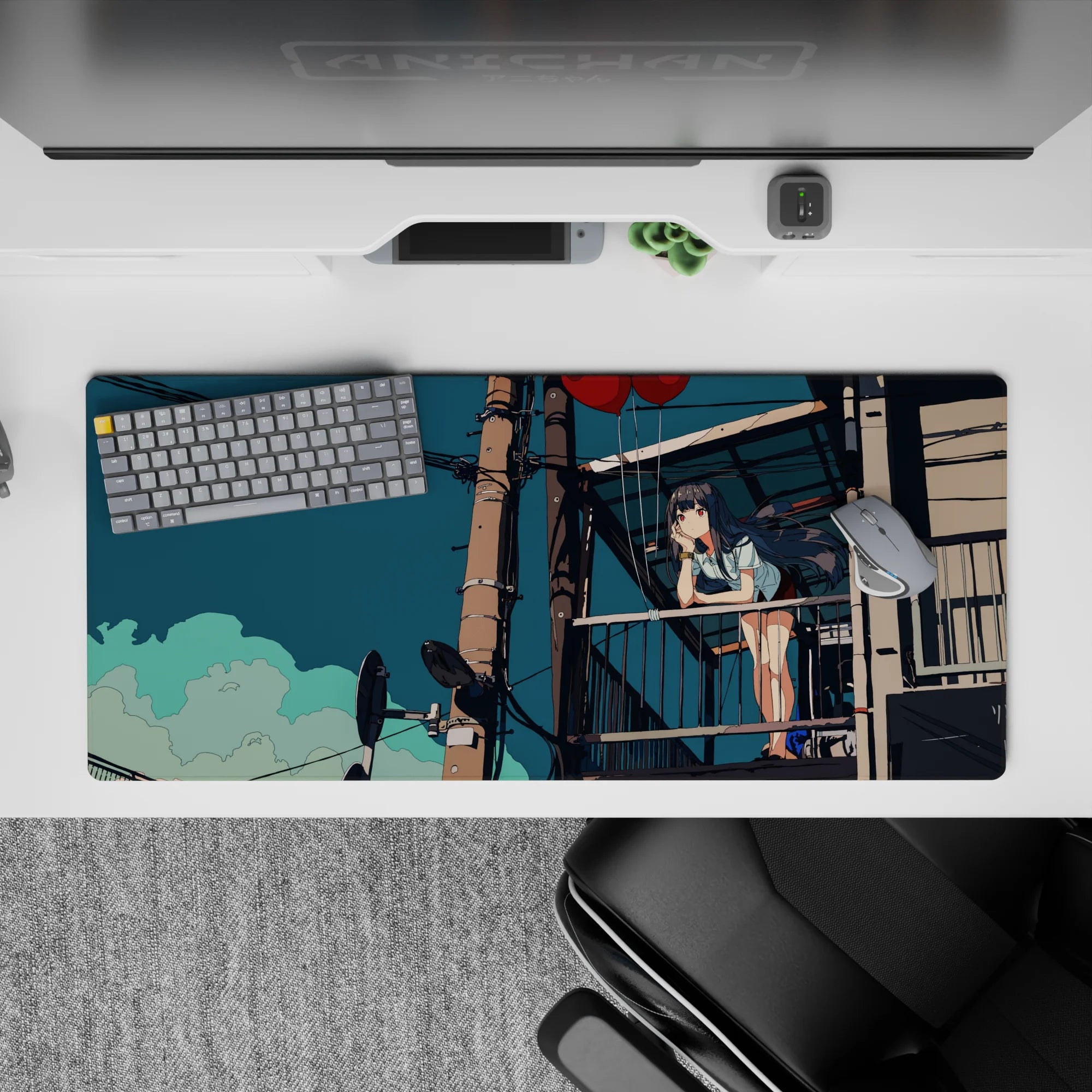 Teal sky anime desk pad 36x16 inches, soft clouds and warm browns for a calm flirty vibe.