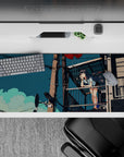 Teal sky anime desk pad 36x16 inches, soft clouds and warm browns for a calm flirty vibe.