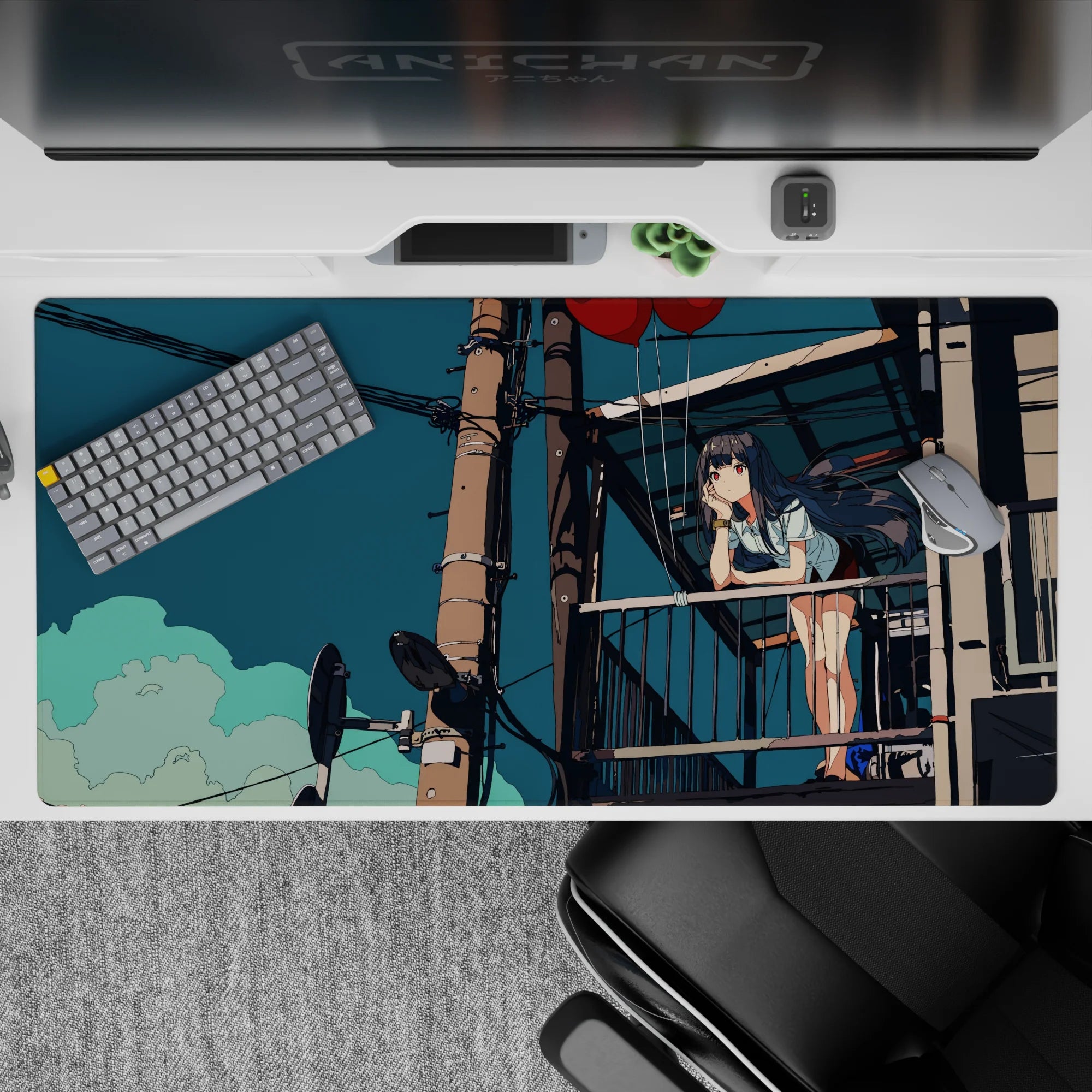 40x20 inches anime girl mouse pad in deep teal and warm browns, dreamy calm mood with soft clouds.
