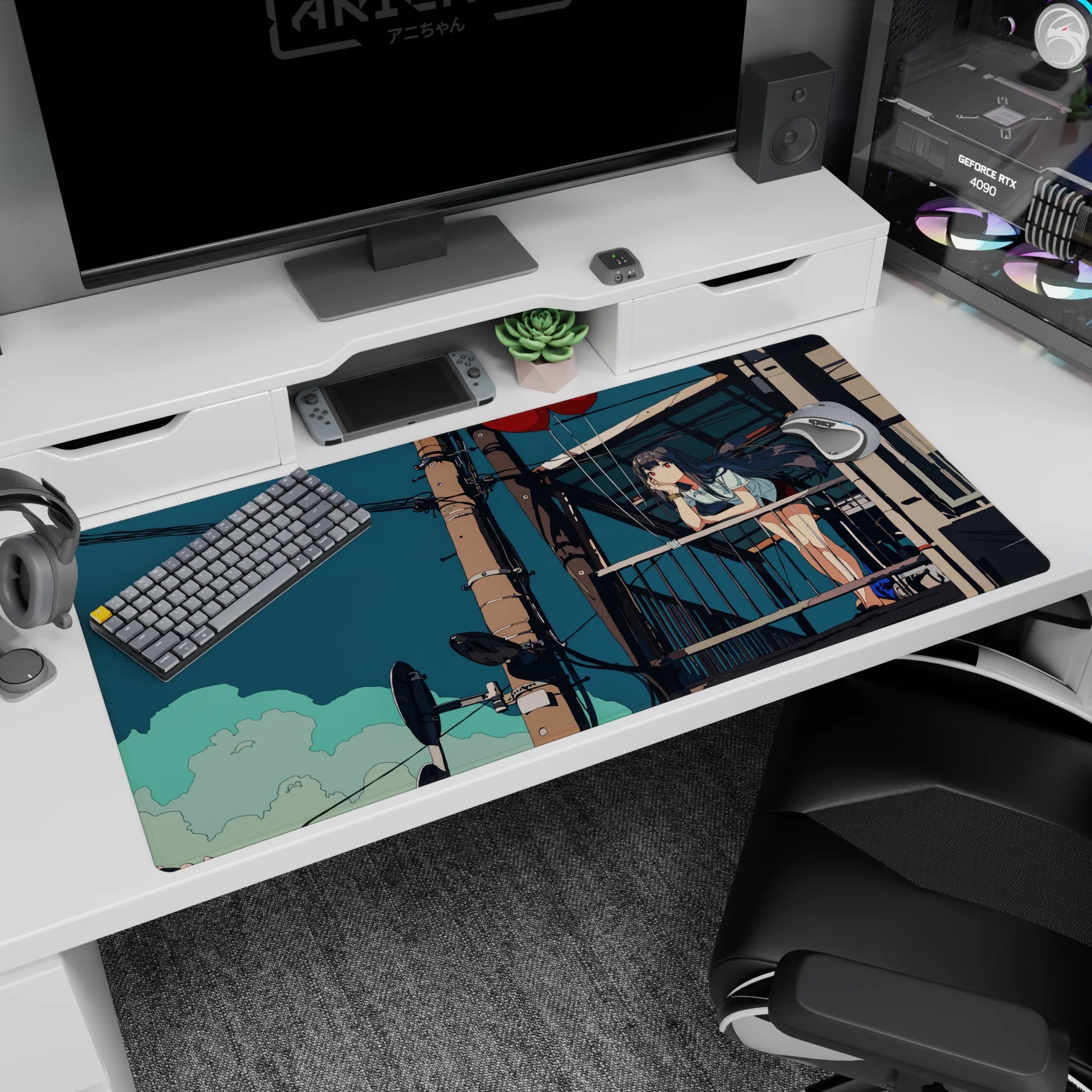 40x20 inches desk pad showing long-haired anime girl leaning on a balcony rail as red balloons float overhead.