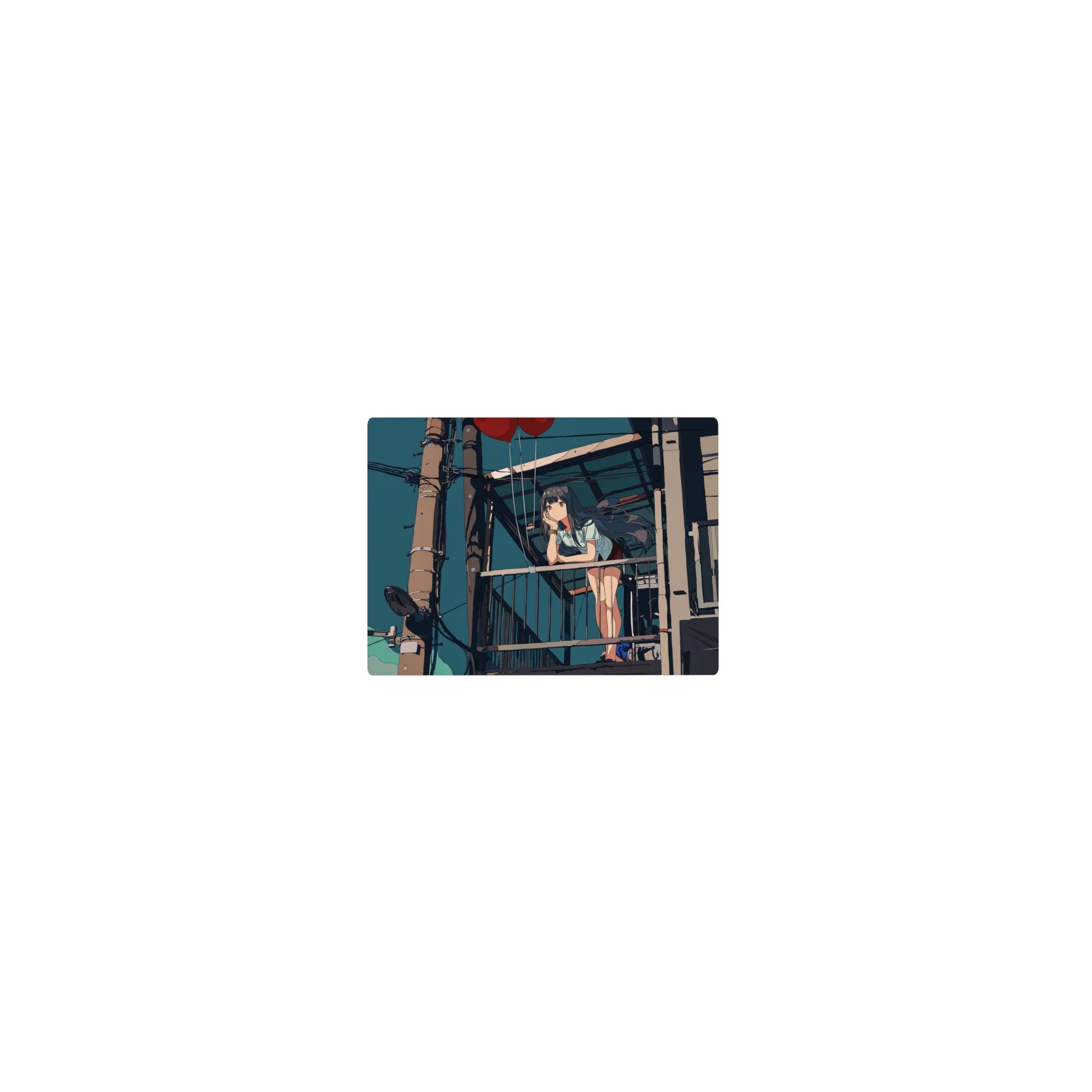 Classic anime girl mouse pad 14x10 inches, balcony cityscape with red balloons and teal sky.