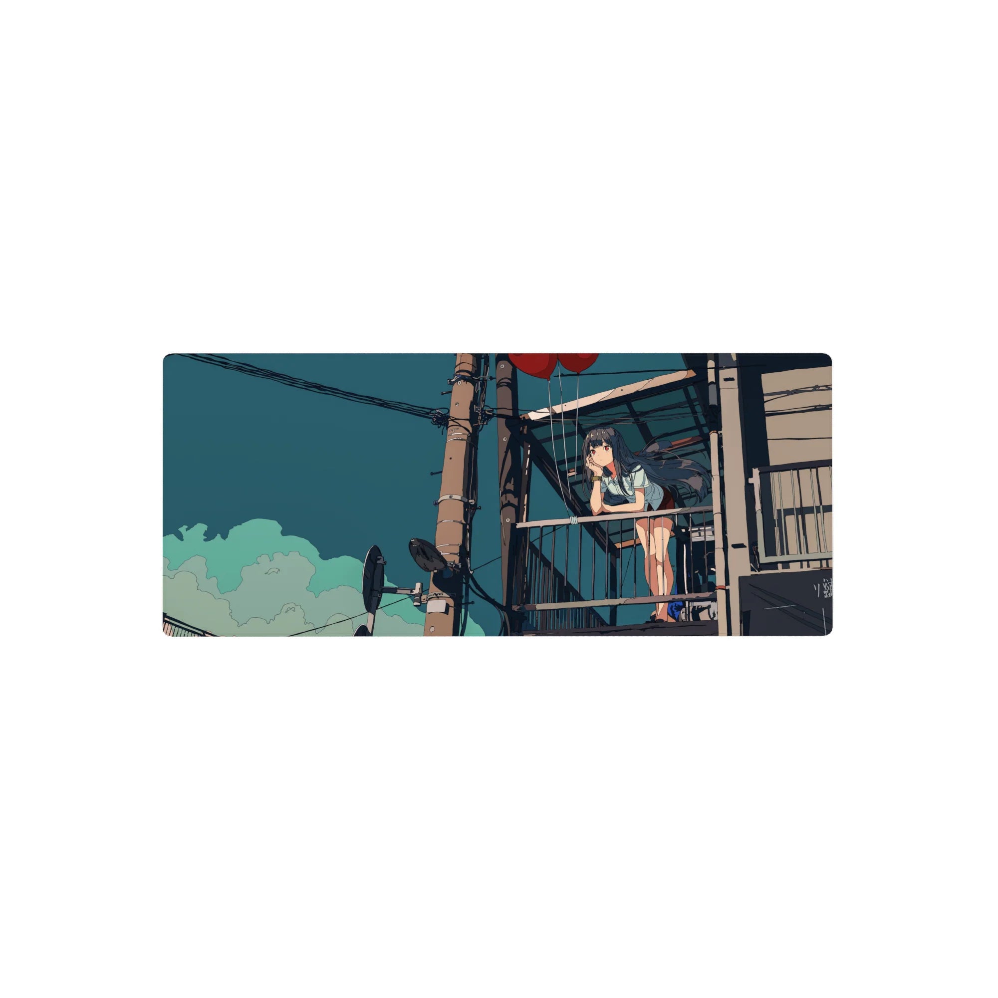 Anime girl balcony scene mouse pad 28x12 inches with red balloons, city cables, and teal sky.