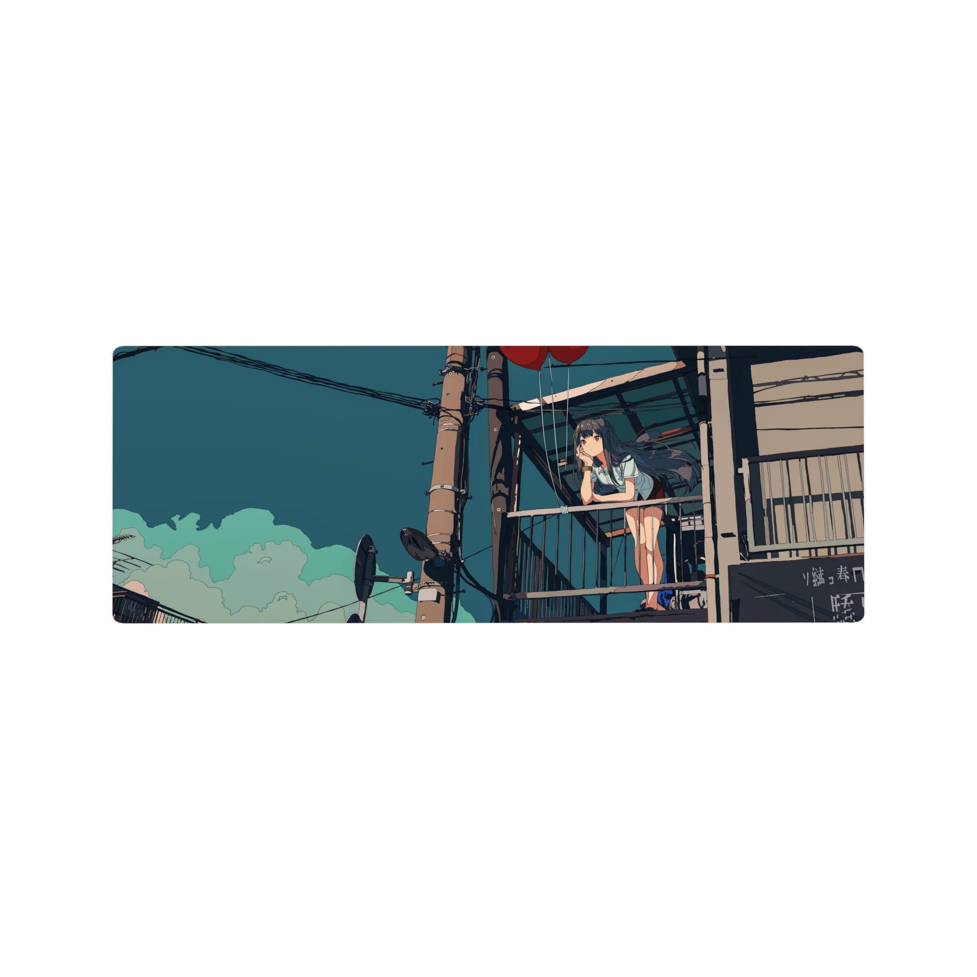Anime girl balcony scene extended mouse pad 32x12 inches with red balloons and city poles.
