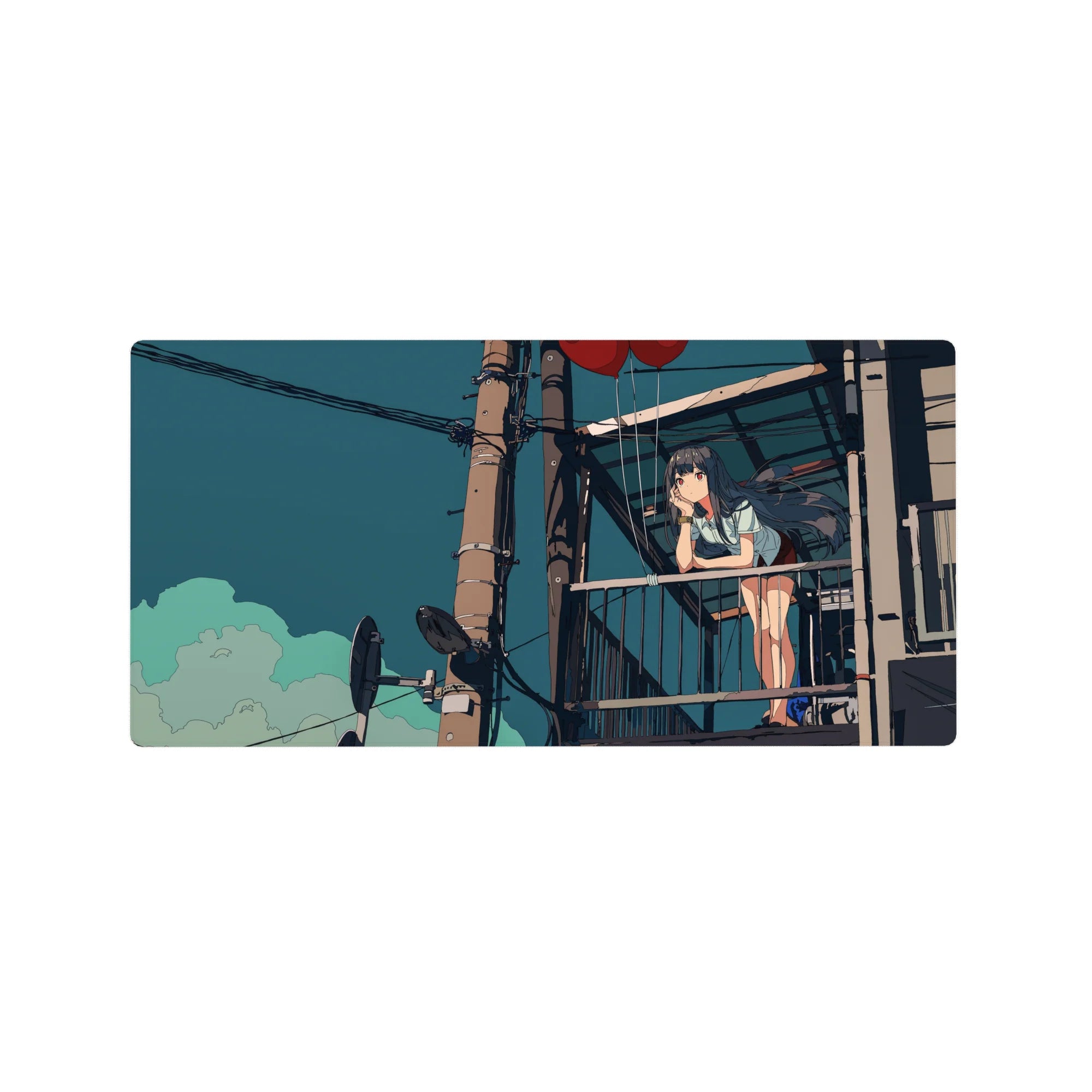 32x16 inches anime girl mouse pad with balcony scene, red balloons, city cables and poles under teal sky.