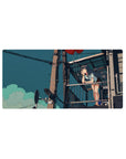 32x16 inches anime girl mouse pad with balcony scene, red balloons, city cables and poles under teal sky.