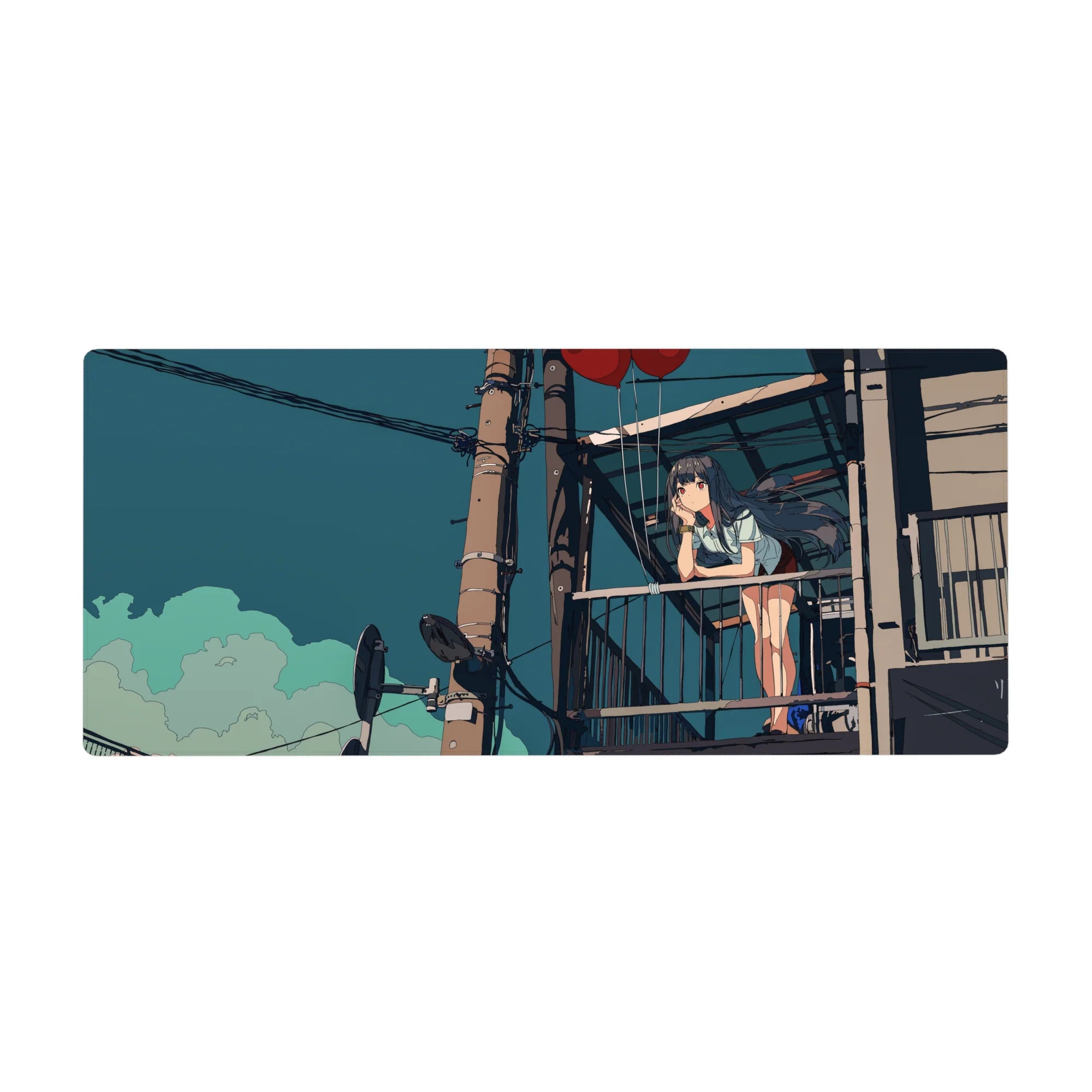 Anime girl balcony daydream desk pad 36x16 inches with red balloons and city power lines.