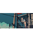 Anime girl balcony daydream desk pad 36x16 inches with red balloons and city power lines.