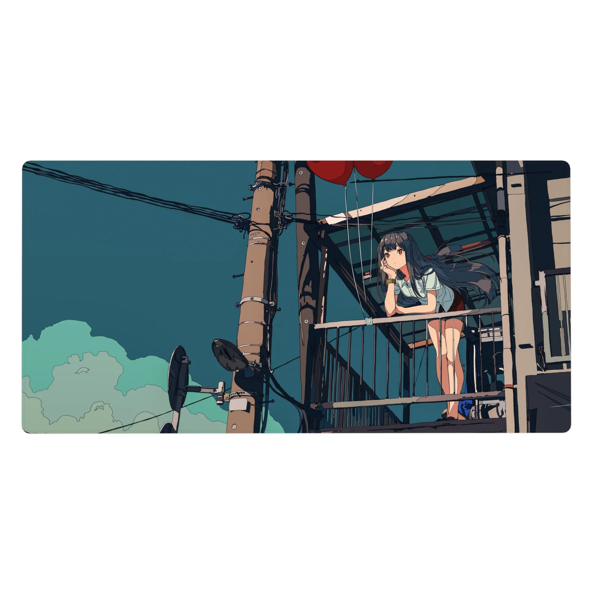 40x20 inches anime girl desk pad with balcony scene, red balloons, and city cables under teal sky.