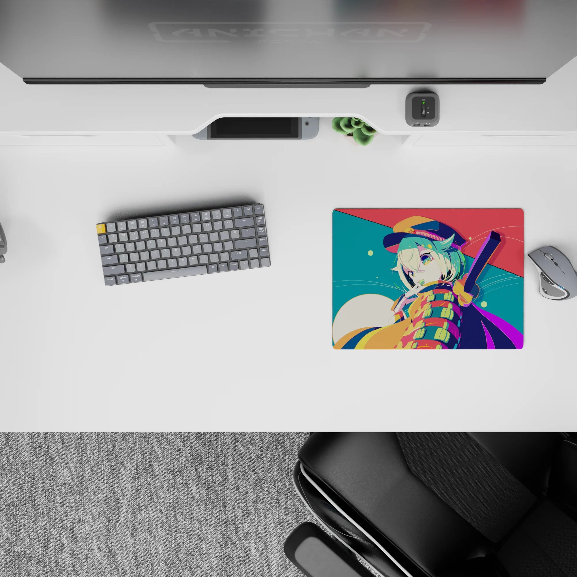 Teal and coral anime mouse pad 14x10 inches with creamy moonlight glow and candy-confetti vibe.