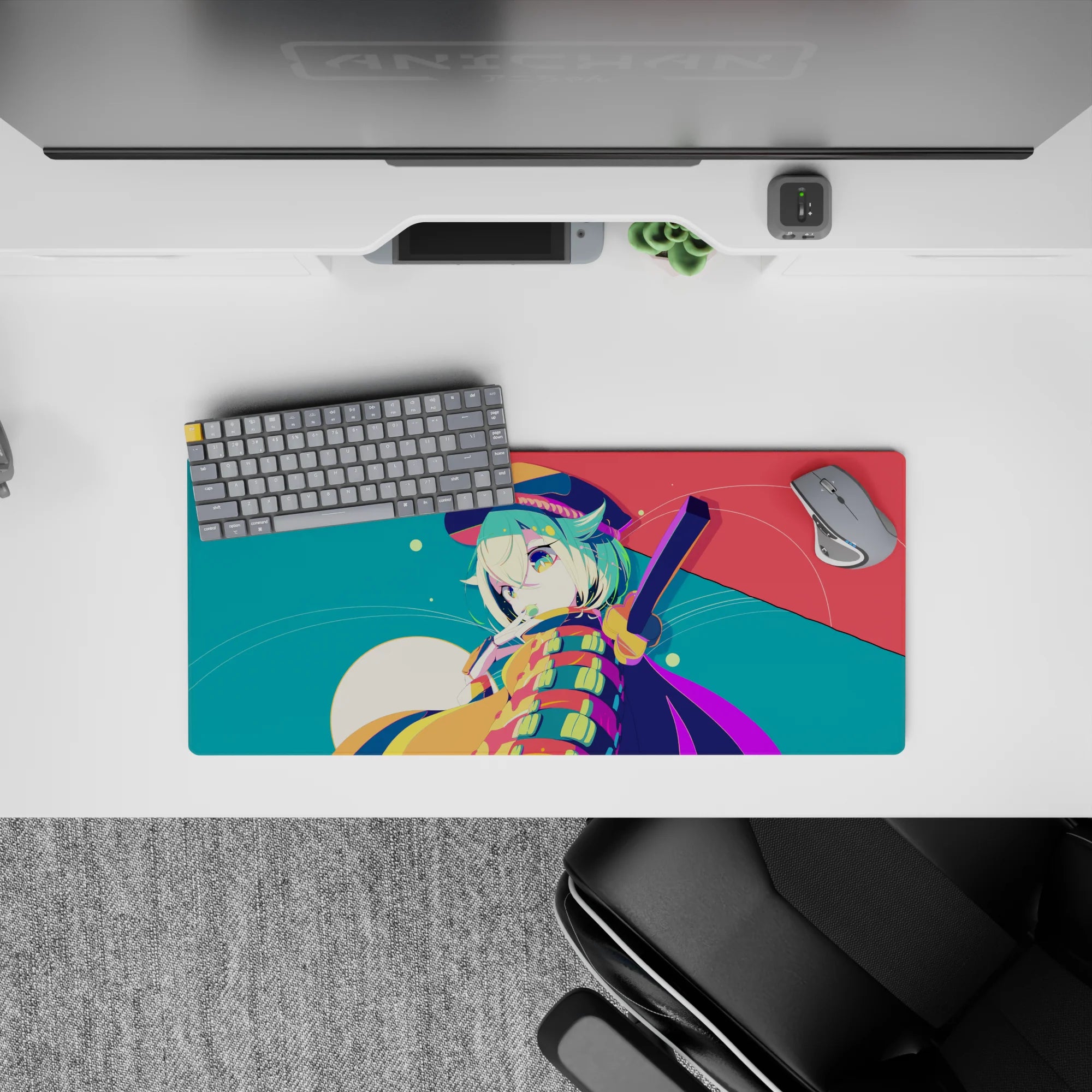 28x12 inches kawaii mouse pad in teal, coral, and creamy moonlight with candy-confetti dots and bold stripes.