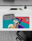 28x12 inches kawaii mouse pad in teal, coral, and creamy moonlight with candy-confetti dots and bold stripes.