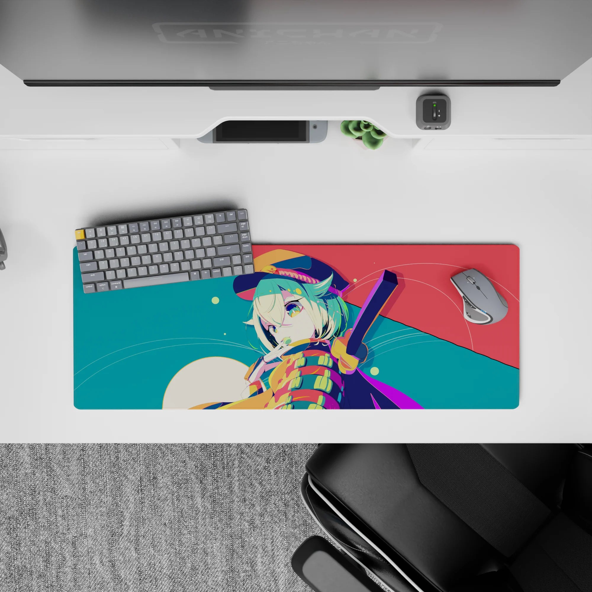 32x12 inches teal and coral kawaii anime mouse pad with creamy moon glow and candy-confetti dots.