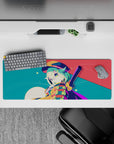 32x12 inches teal and coral kawaii anime mouse pad with creamy moon glow and candy-confetti dots.