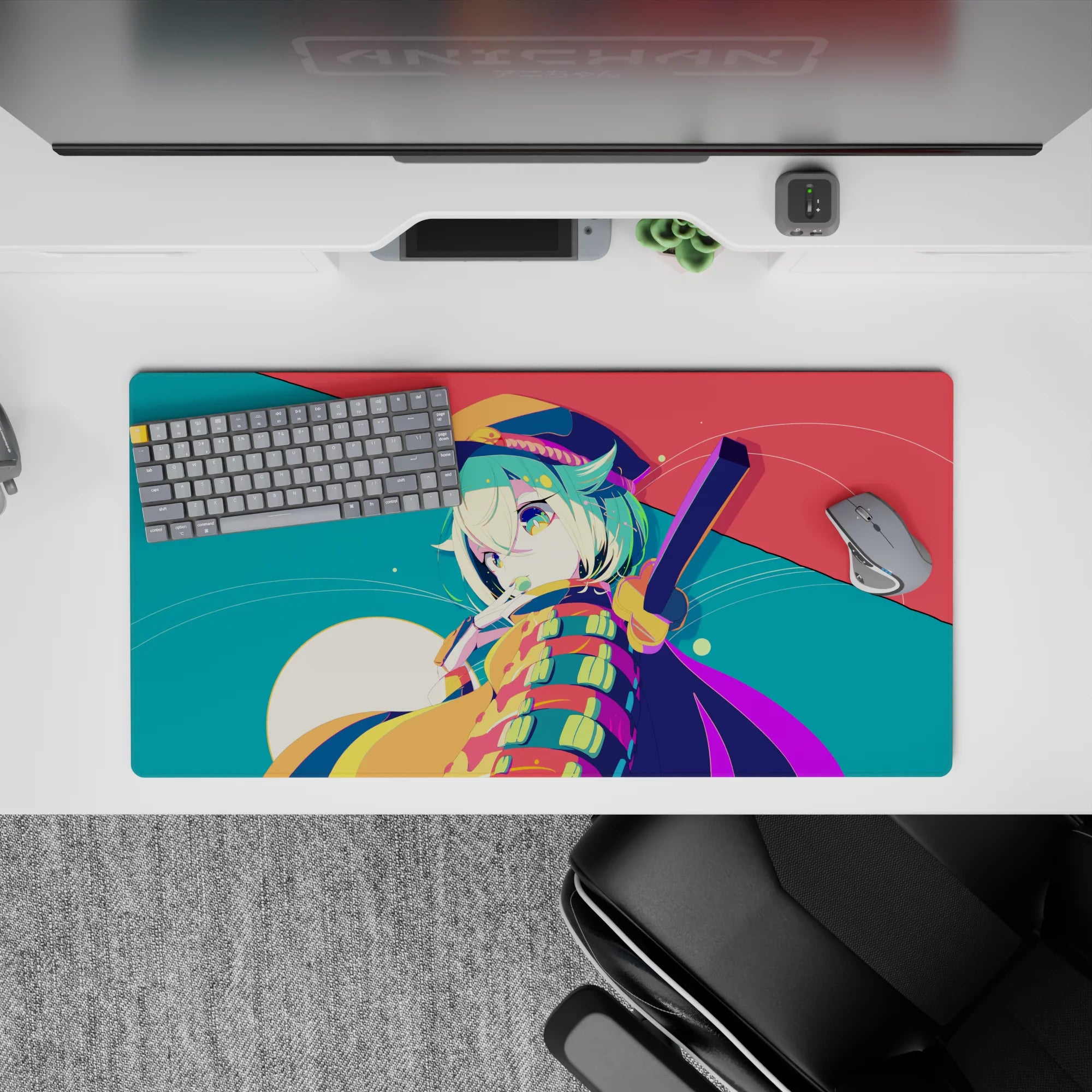 32x16 inches kawaii desk mat in teal, coral, and creamy moonlight tones with candy-confetti vibe.
