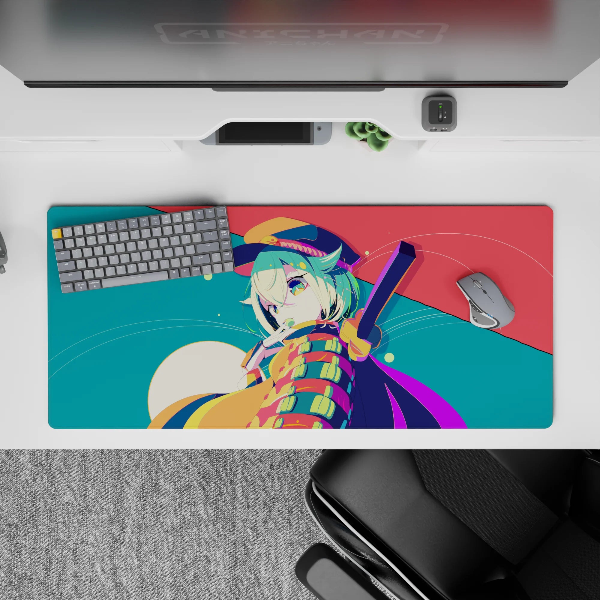 Teal, coral, and creamy moonlight anime desk pad 36x16 inches with candy-confetti dots, charming feel.