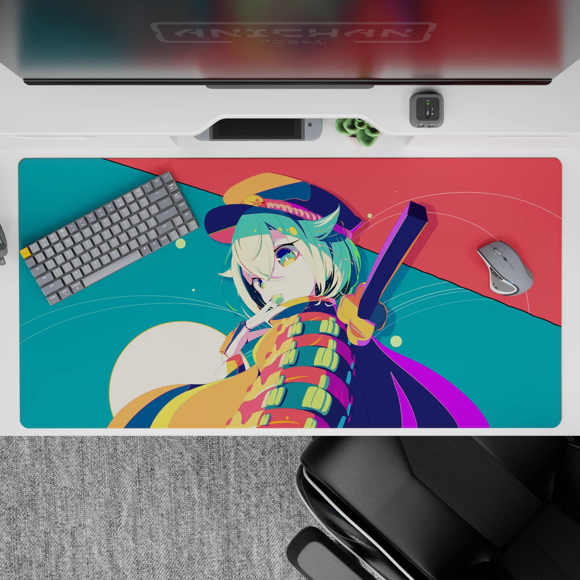 Cute teal and coral anime desk pad 40x20 inches with creamy moonlight tones and candy-confetti vibe.