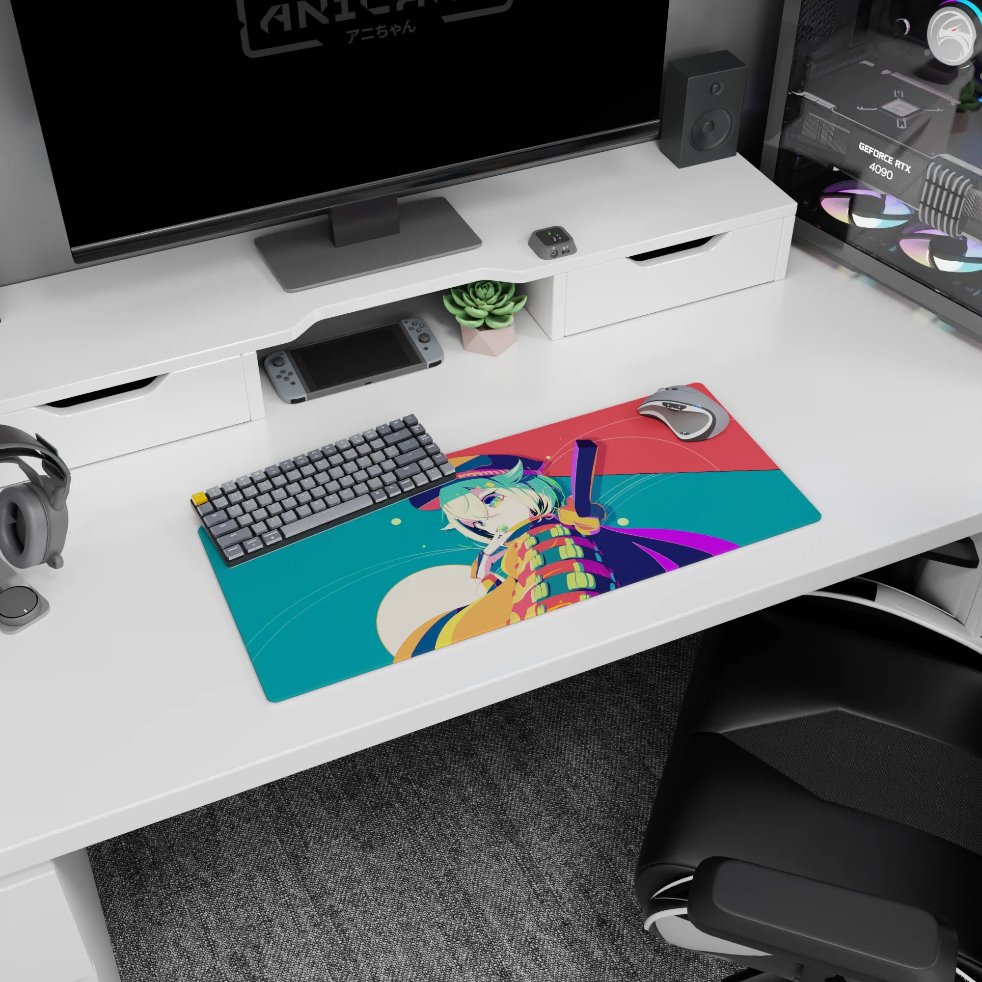 28x12 inches desk mouse pad featuring a playful mint-haired anime girl winking under a moon glow.