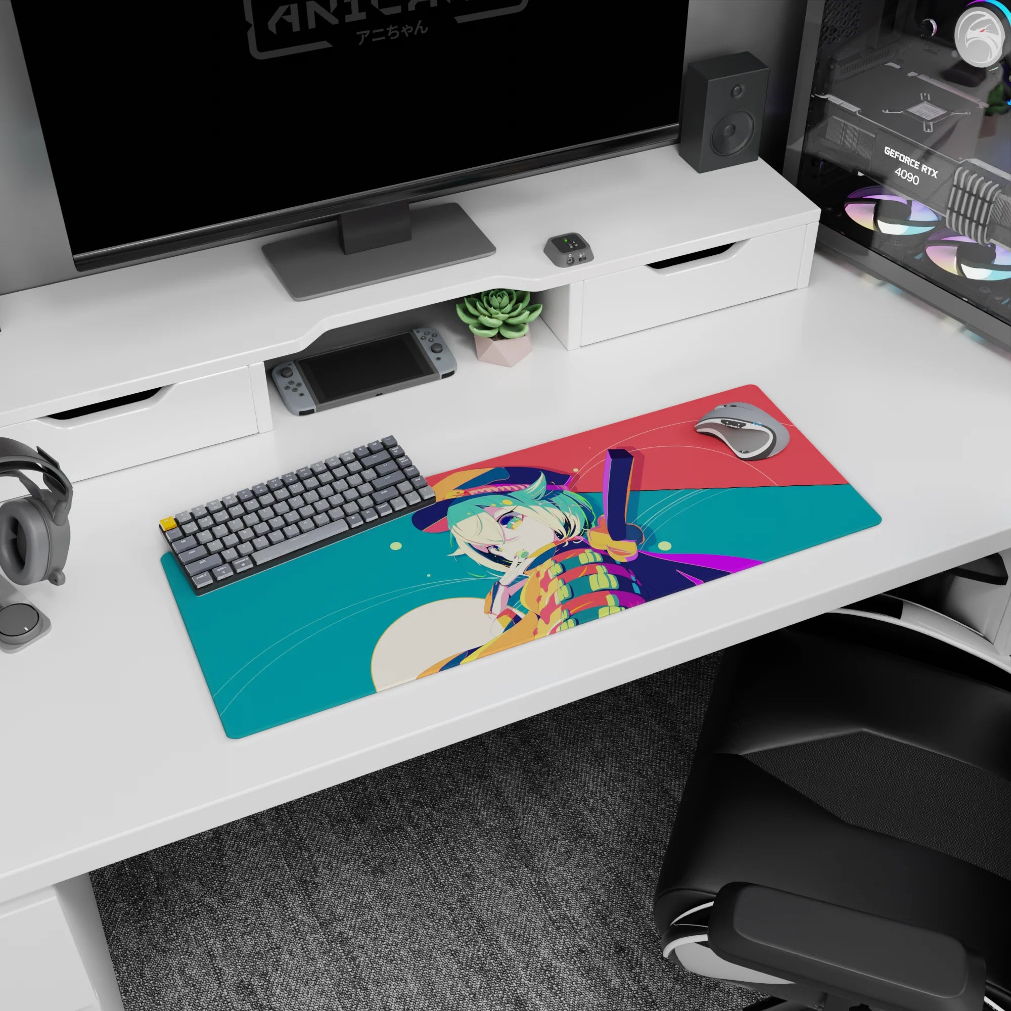 32x12 inches mouse pad featuring a mint-haired anime girl in a tiny hat, playful wink, and floating dots.