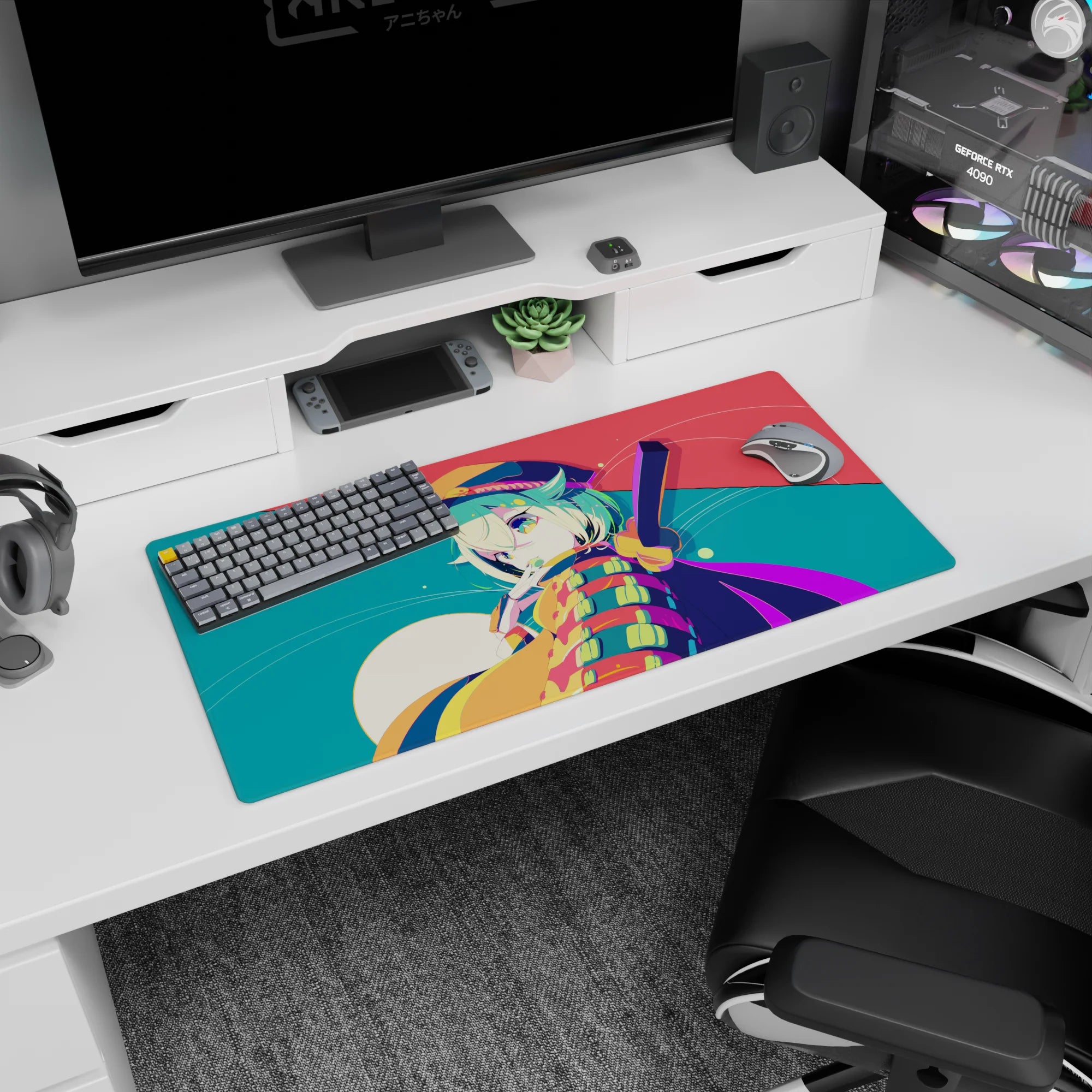 32x16 inches mouse pad featuring a playful mint-haired anime girl in a tiny hat, winking under moonlight.