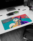 32x16 inches mouse pad featuring a playful mint-haired anime girl in a tiny hat, winking under moonlight.
