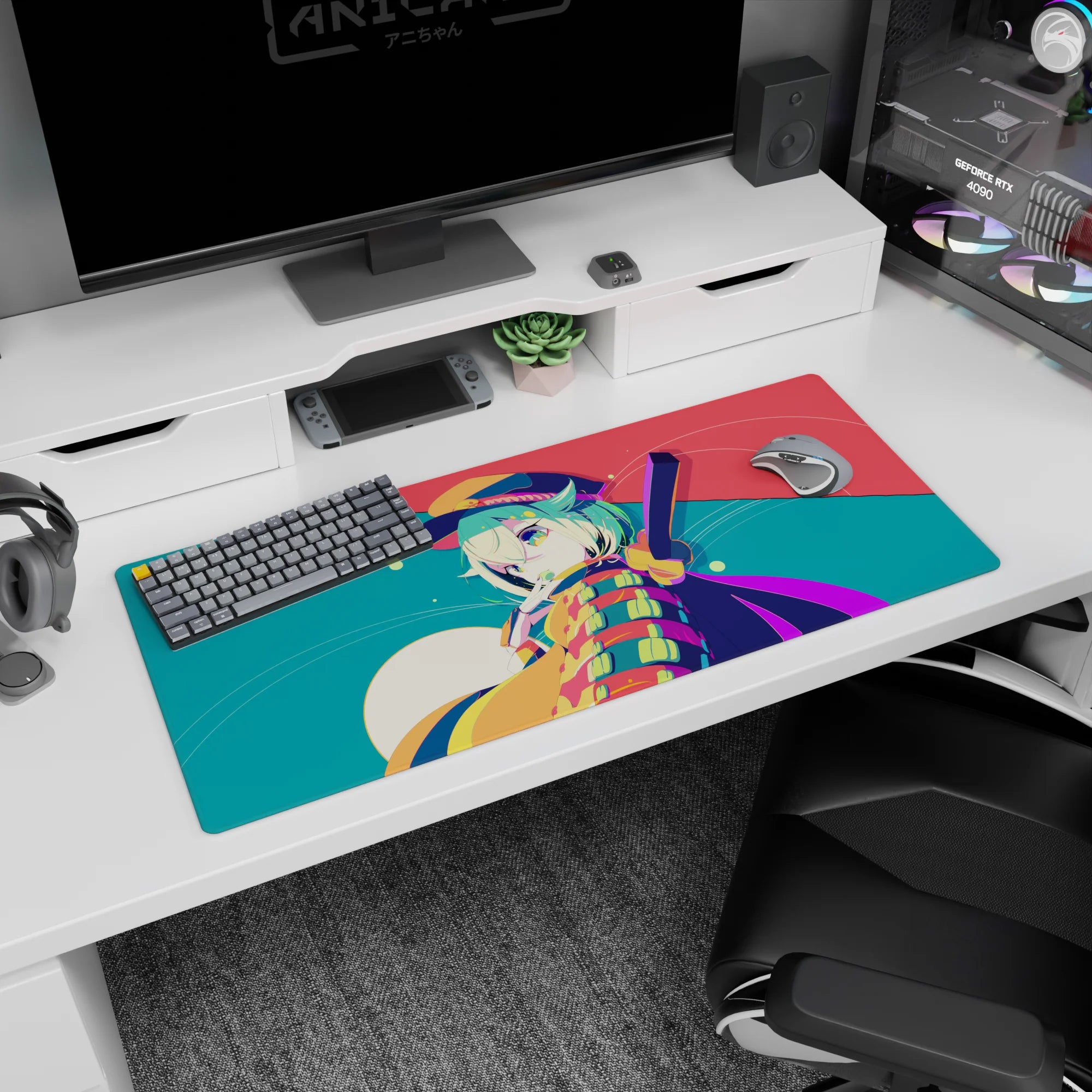 Winking mint-haired anime girl in tiny hat on desk pad 36x16 inches, playful scene with stripes and dots.