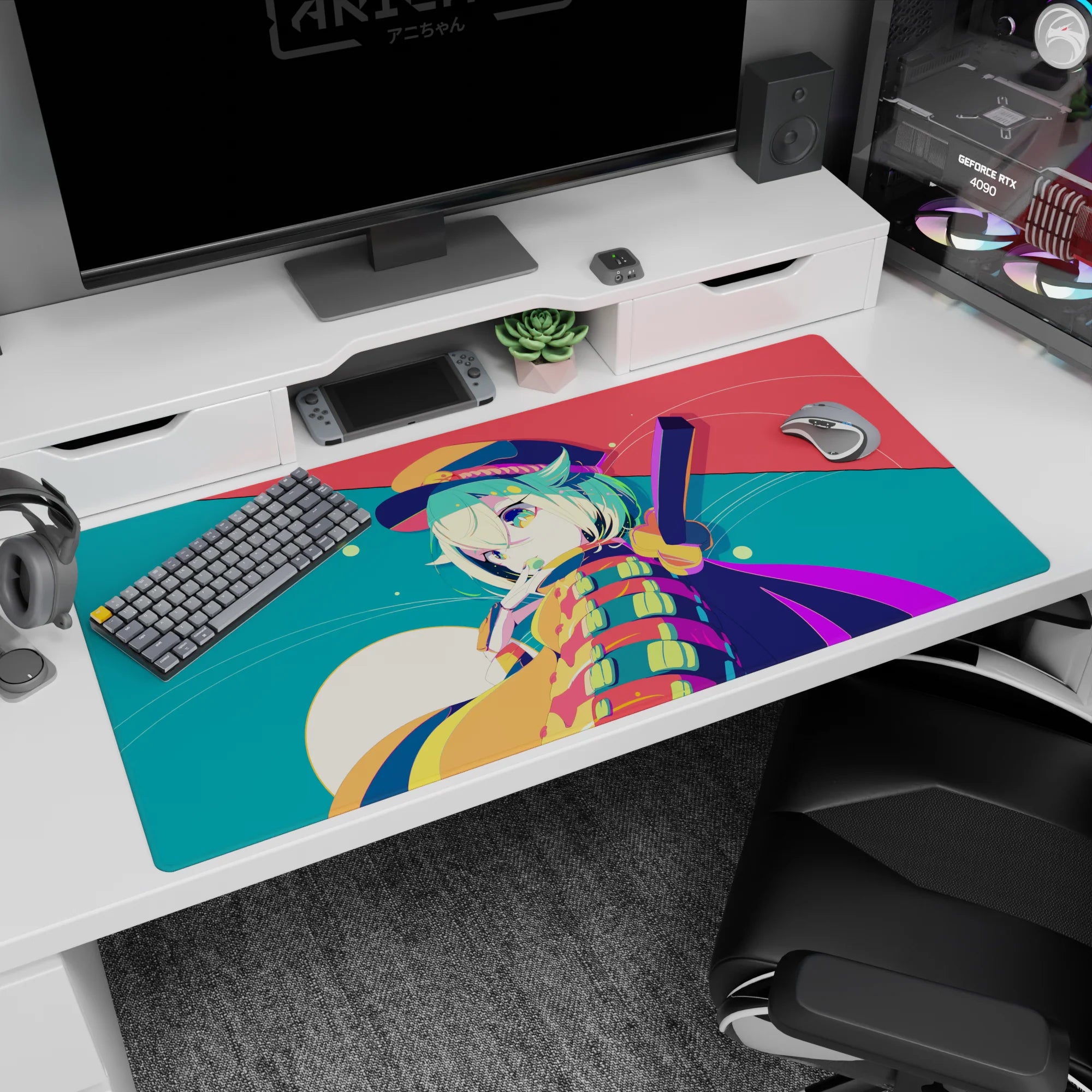 Winking mint-haired anime girl scene desk pad 40x20 inches with tiny hat, stripes, and dotted backdrop.