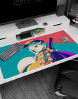 Winking mint-haired anime girl scene desk pad 40x20 inches with tiny hat, stripes, and dotted backdrop.
