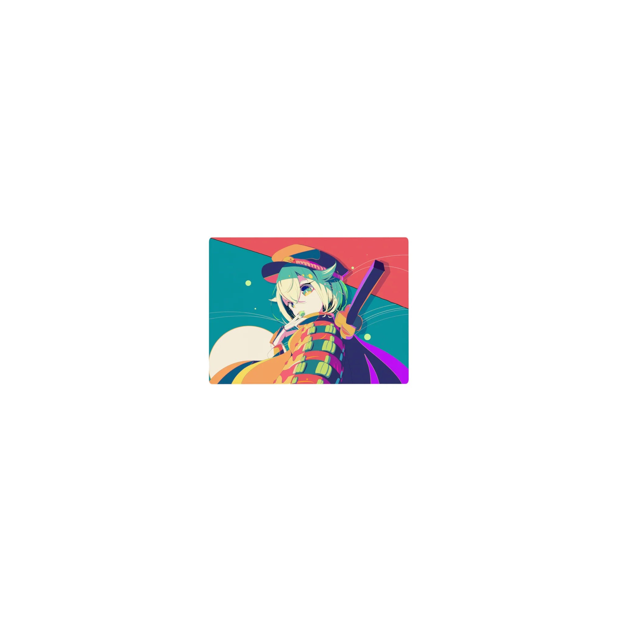 Classic anime girl mouse pad 14x10 inches with mint-haired wink, bold stripes, and confetti dots.