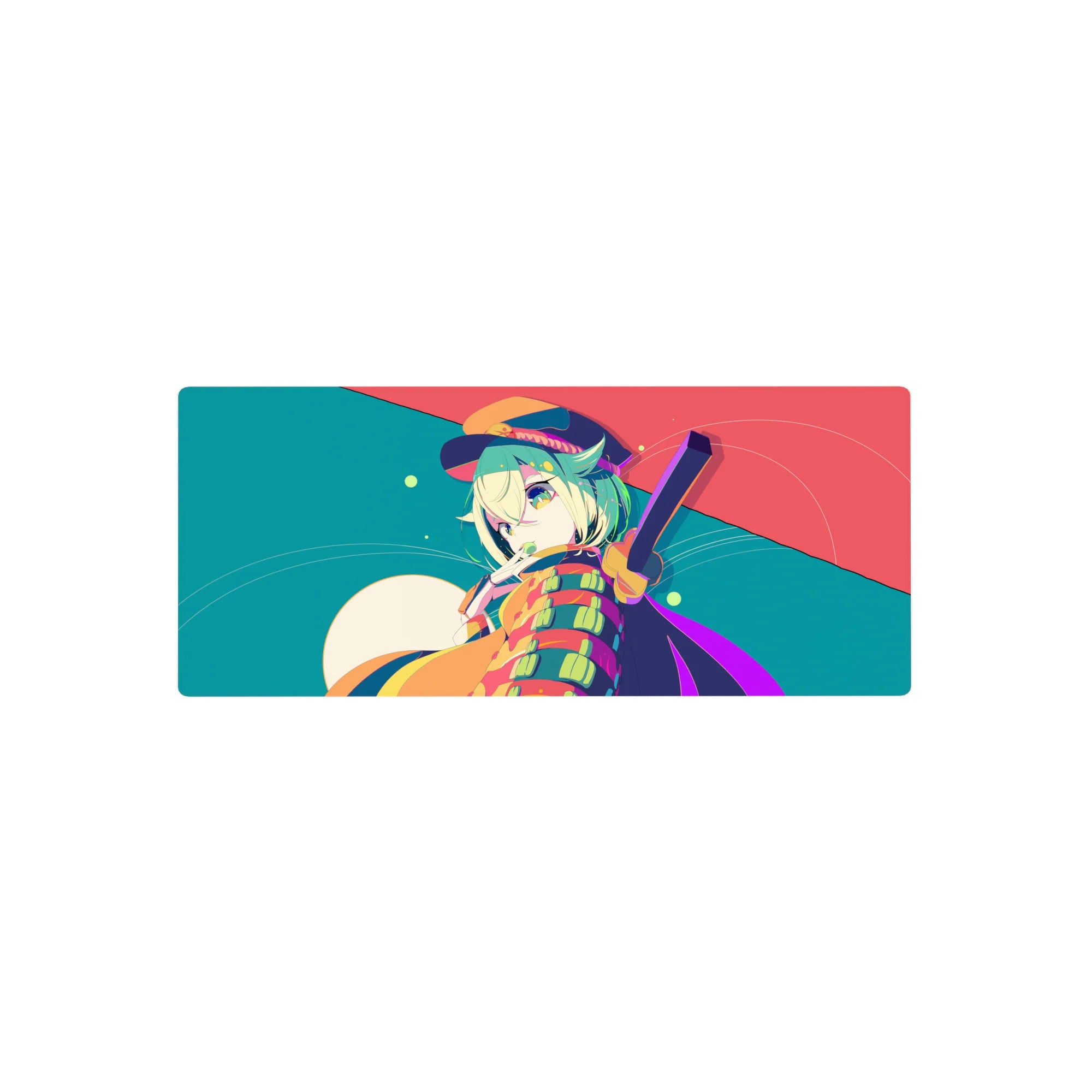 28x12 inches anime girl mouse pad with mint-haired wink, tiny hat, stripes, dots, and moonlit backdrop.