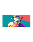 28x12 inches anime girl mouse pad with mint-haired wink, tiny hat, stripes, dots, and moonlit backdrop.
