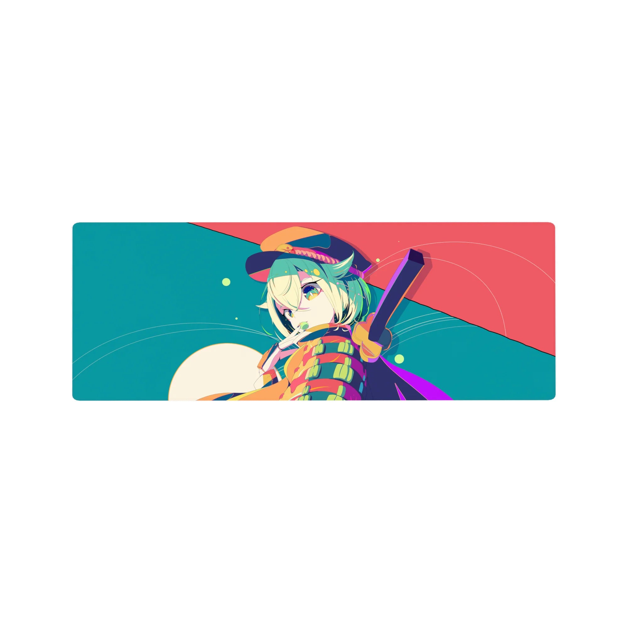 32x12 inches anime girl mouse pad with mint-haired winking girl, bold stripes, moonlight, and dots.