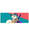32x12 inches anime girl mouse pad with mint-haired winking girl, bold stripes, moonlight, and dots.